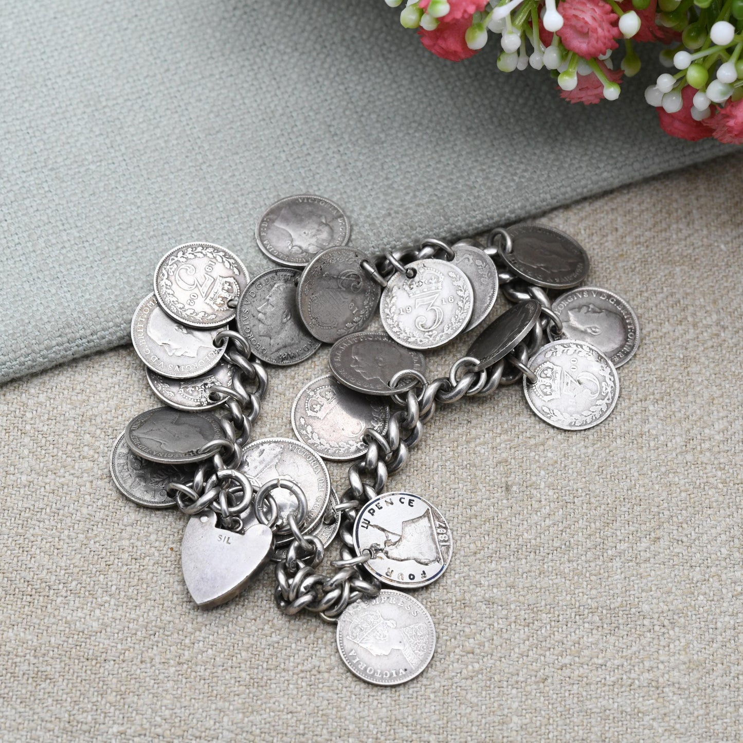 Antique Silver Coin Charm Bracelet c. 1900 - Victoria 1887 George V 1916 | Chunky Curb Link with Heart Padlock Clasp
