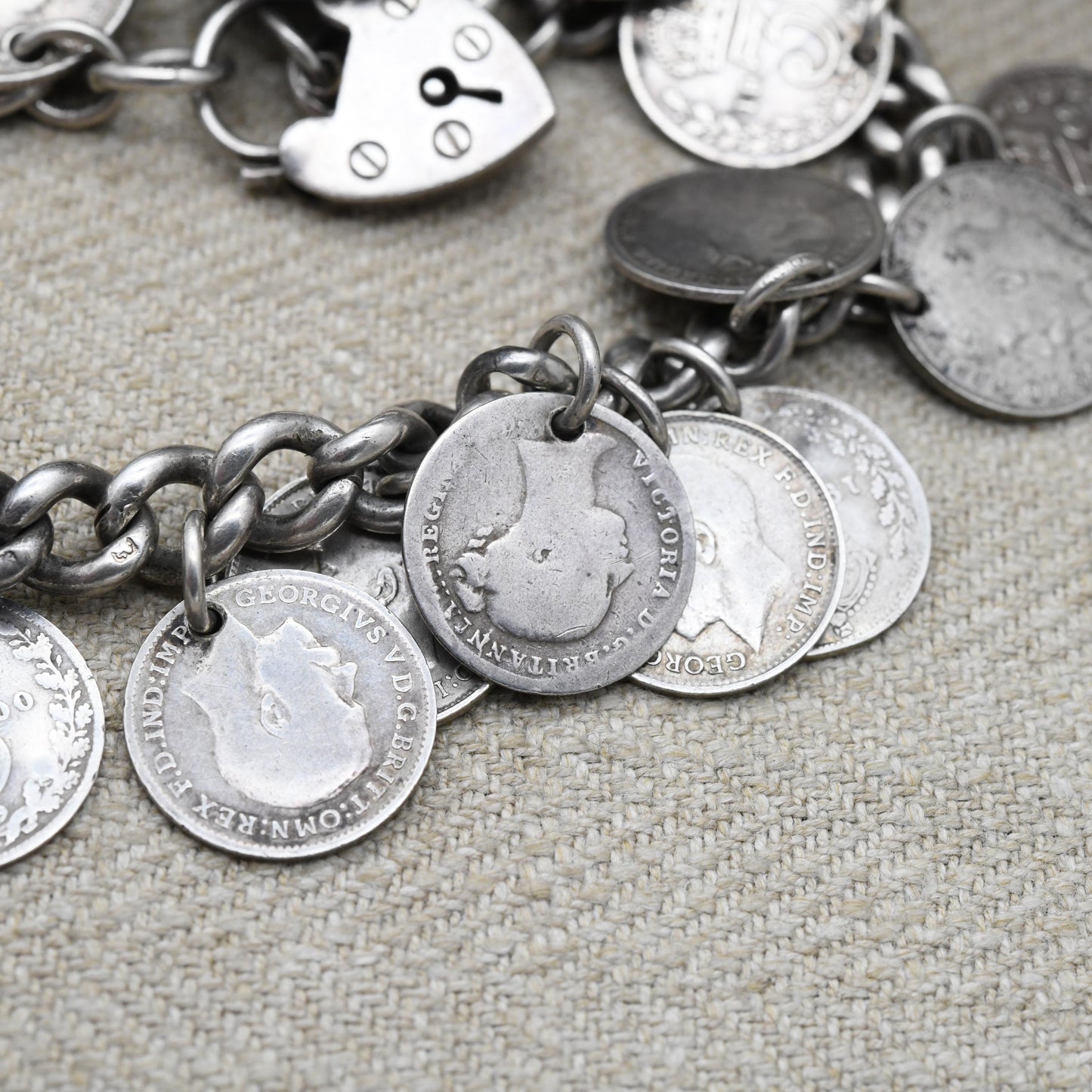Antique Silver Coin Charm Bracelet c. 1900 - Victoria 1887 George V 1916 | Chunky Curb Link with Heart Padlock Clasp