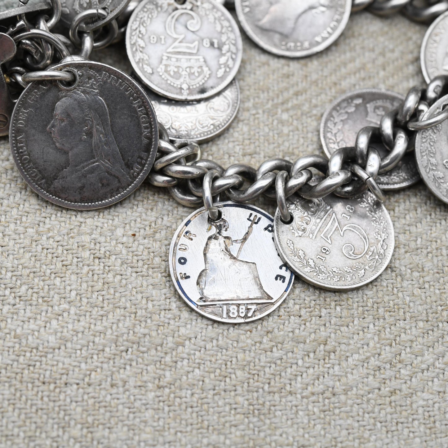 Antique Silver Coin Charm Bracelet c. 1900 - Victoria 1887 George V 1916 | Chunky Curb Link with Heart Padlock Clasp
