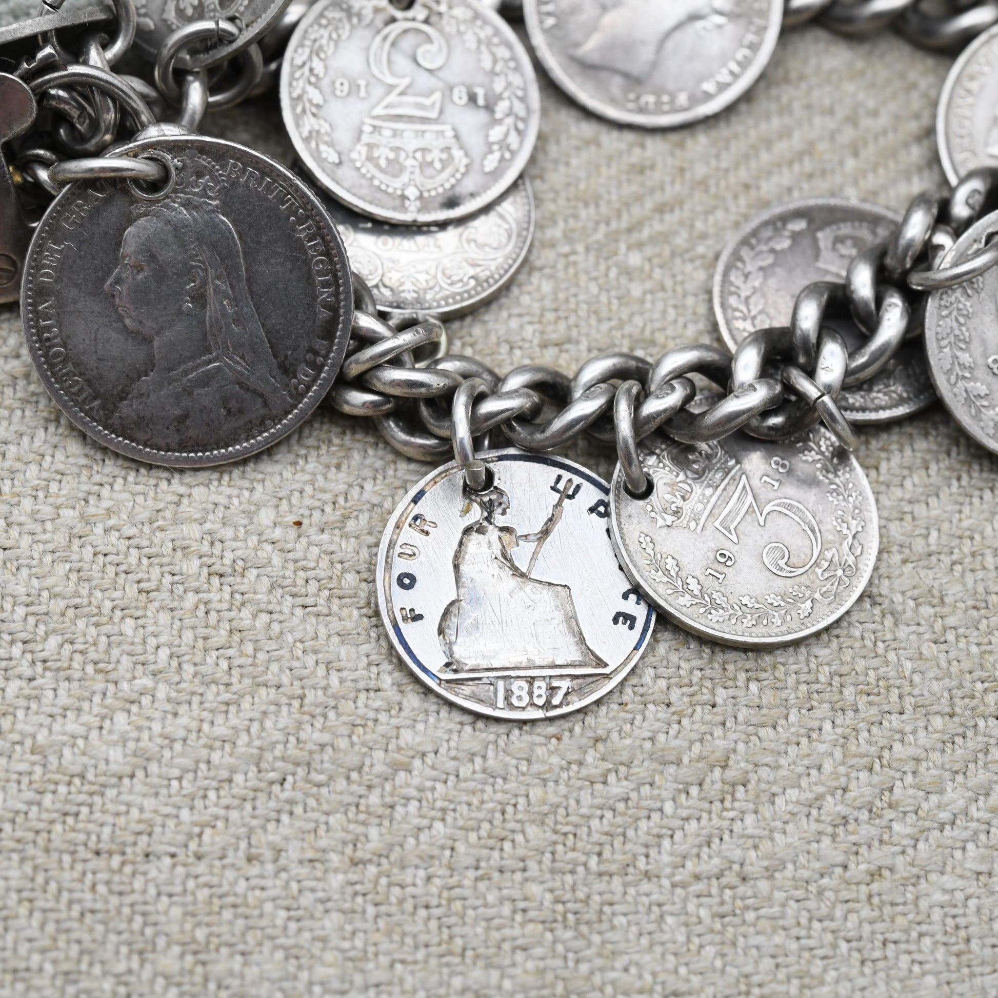 Antique Silver Coin Charm Bracelet c. 1900 - Victoria 1887 George V 1916 | Chunky Curb Link with Heart Padlock Clasp