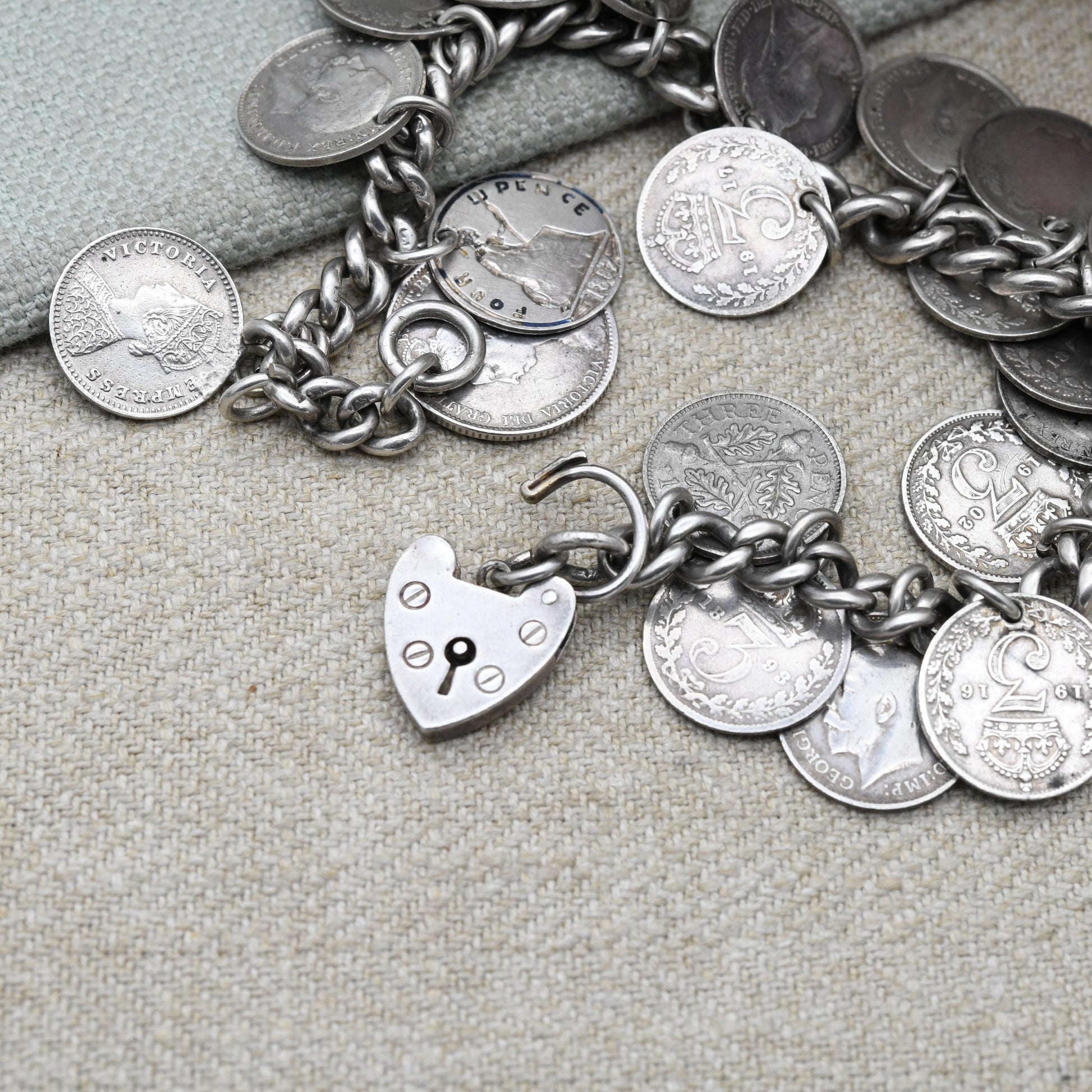 Antique Silver Coin Charm Bracelet c. 1900 - Victoria 1887 George V 1916 | Chunky Curb Link with Heart Padlock Clasp