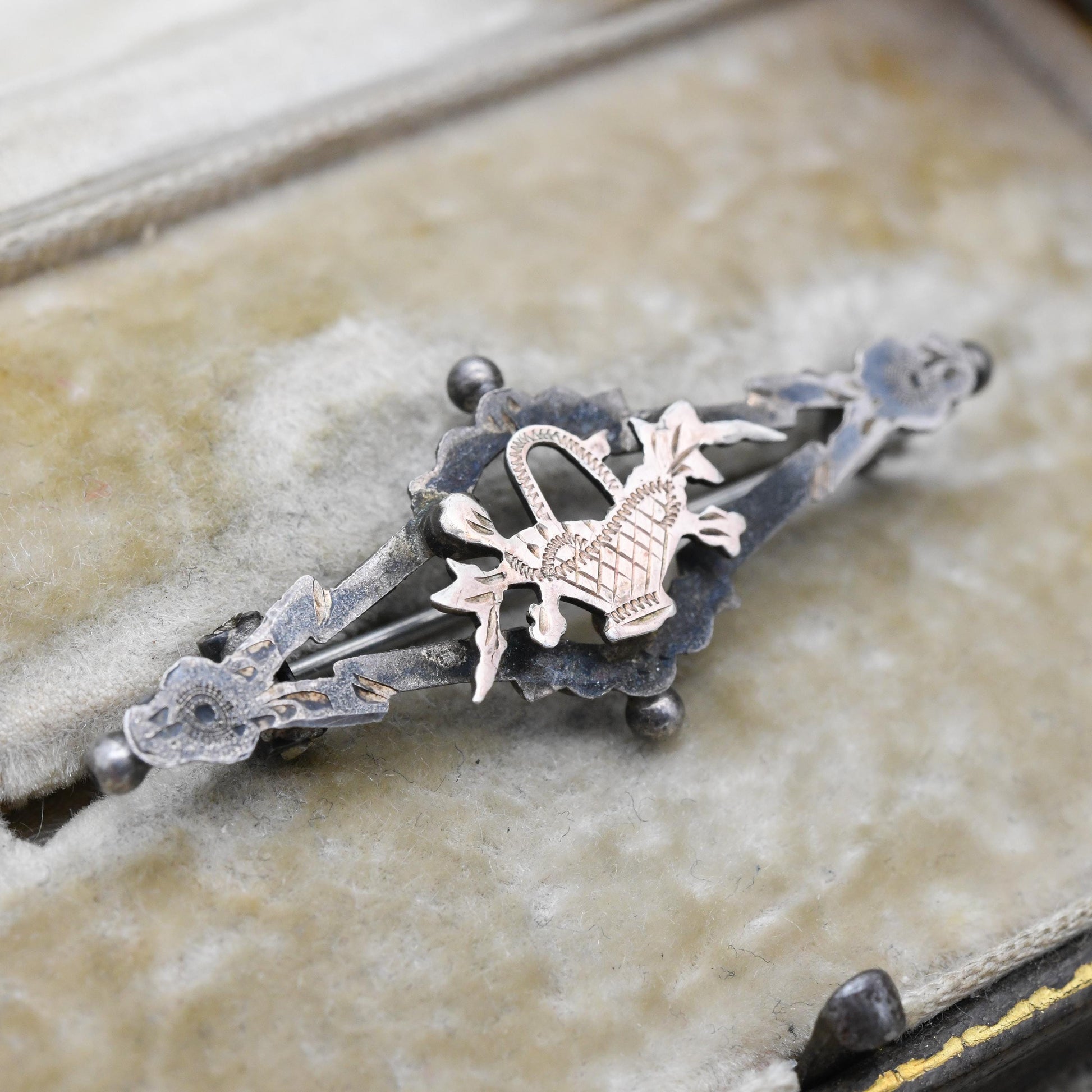 Antique Sterling Silver Rose Gold Plated Floral Basket Bar Brooch - Openwork Engraved Pin | Rose Gold Plated Front