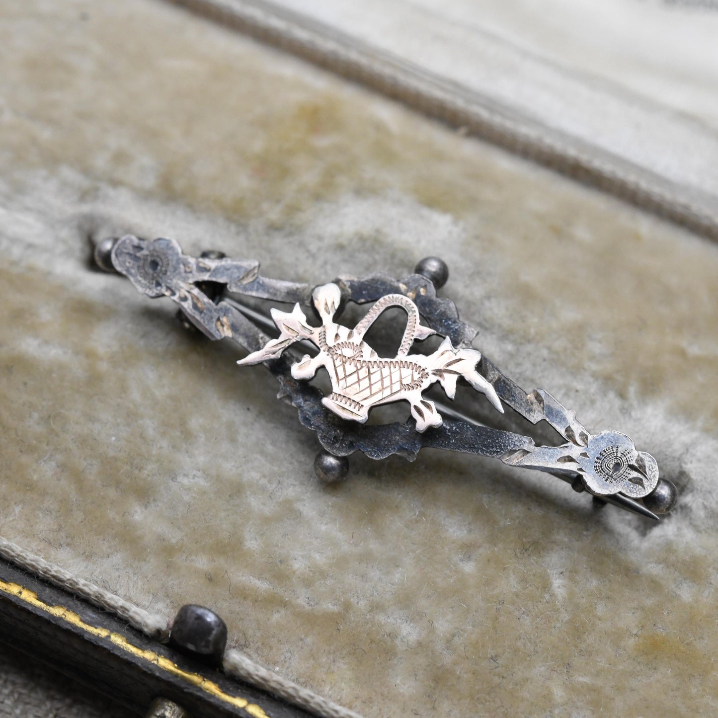 Antique Sterling Silver Rose Gold Plated Floral Basket Bar Brooch - Openwork Engraved Pin | Rose Gold Plated Front