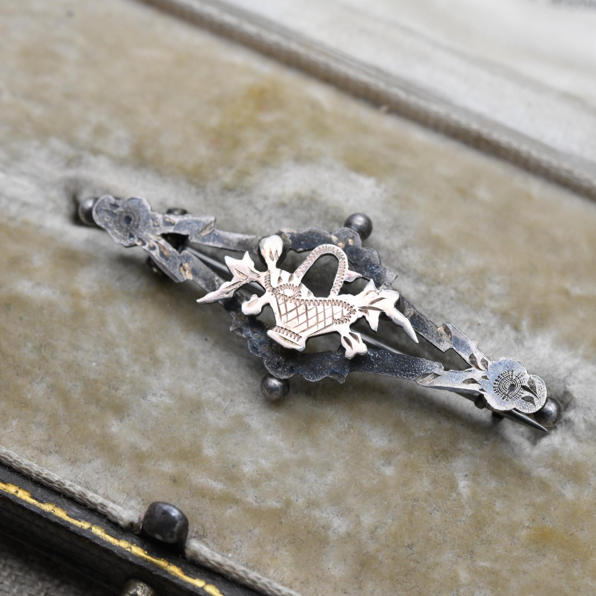 Antique Sterling Silver Rose Gold Plated Floral Basket Bar Brooch - Openwork Engraved Pin | Rose Gold Plated Front