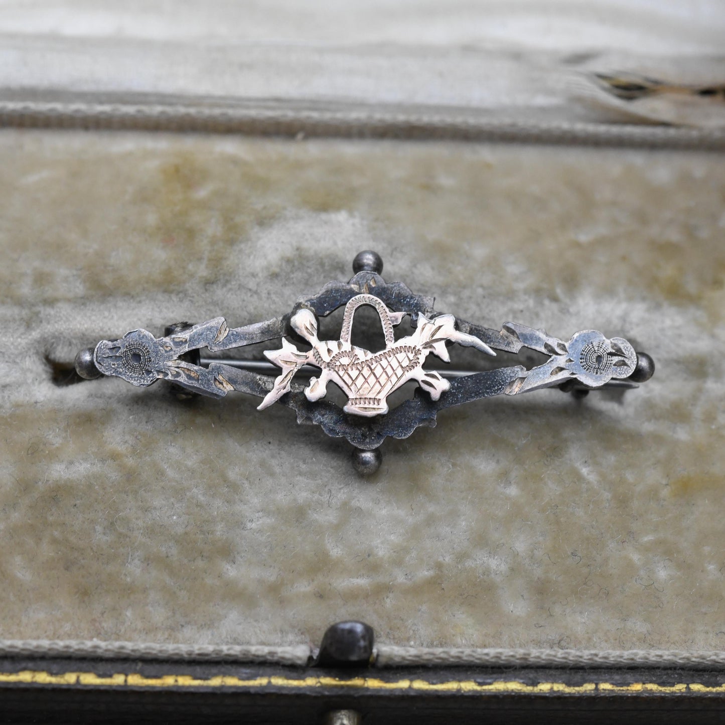 Antique Sterling Silver Rose Gold Plated Floral Basket Bar Brooch - Openwork Engraved Pin | Rose Gold Plated Front