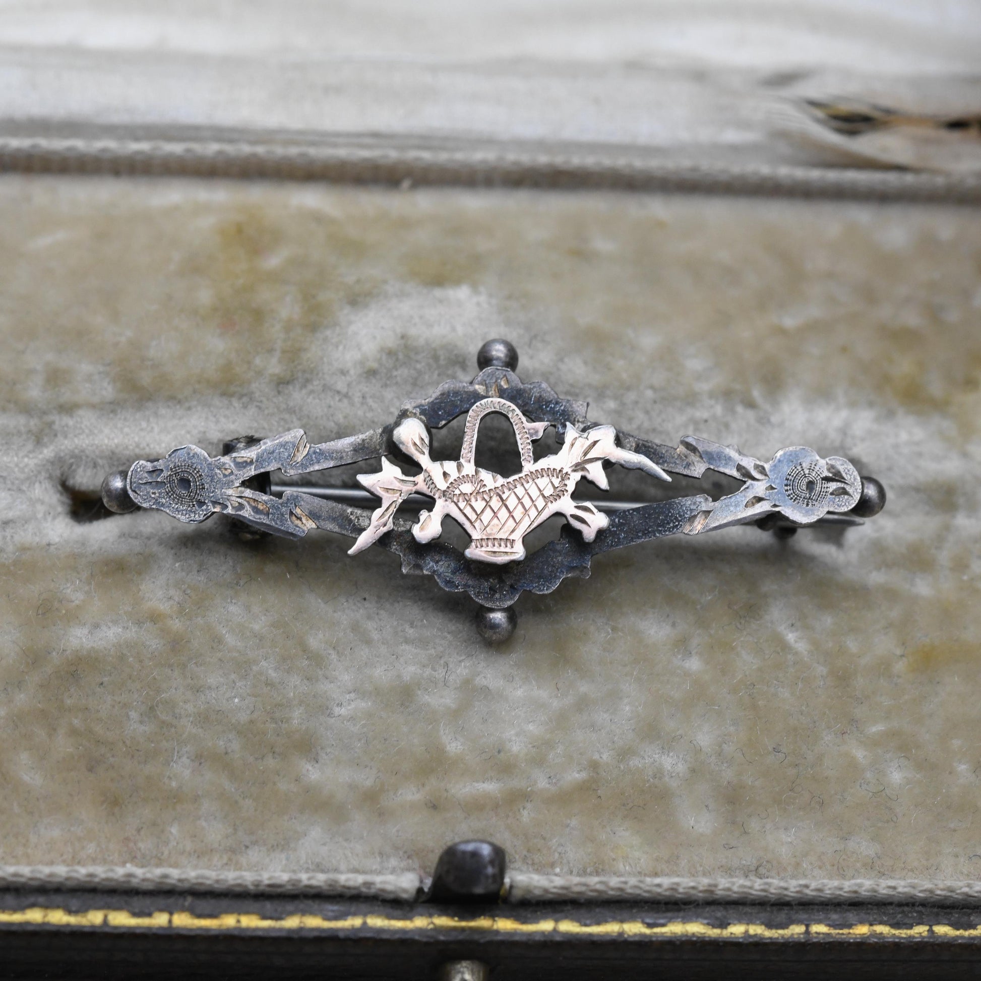 Antique Sterling Silver Rose Gold Plated Floral Basket Bar Brooch - Openwork Engraved Pin | Rose Gold Plated Front