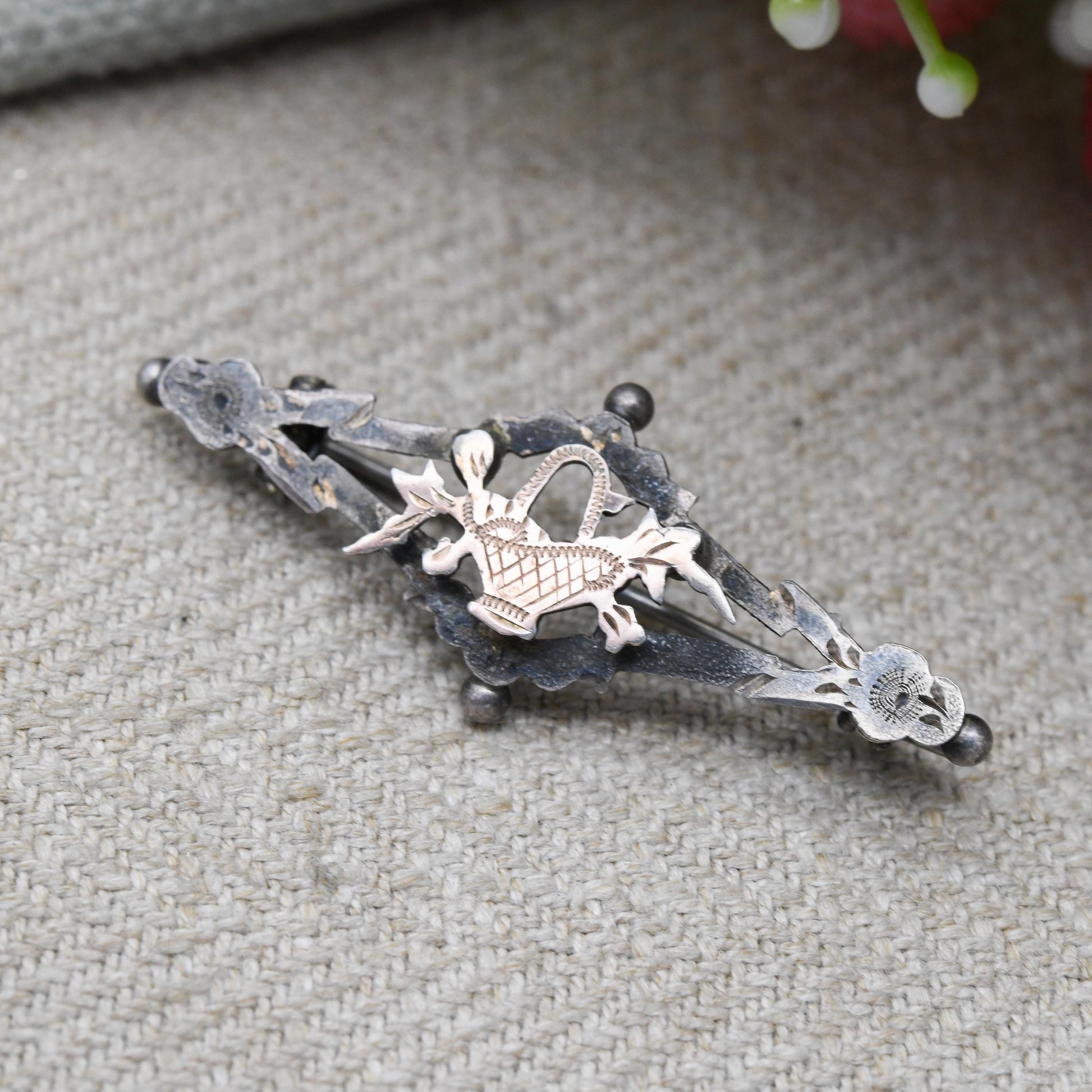 Antique Sterling Silver Rose Gold Plated Floral Basket Bar Brooch - Openwork Engraved Pin | Rose Gold Plated Front