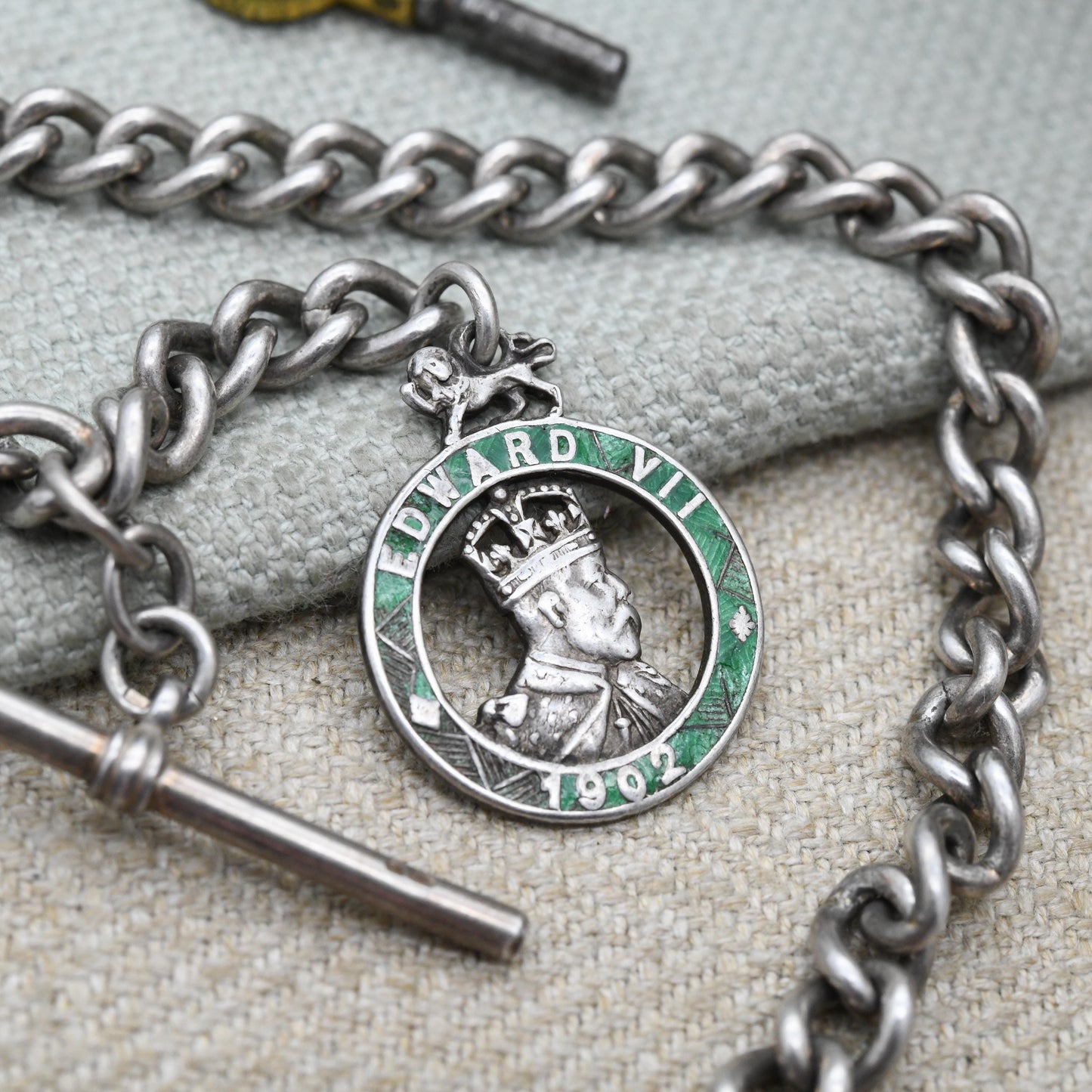 Antique Sterling Silver Albert Chain with Edward VII Coronation Medal by Charles Horner and Vintage T Bar & Dog Clip