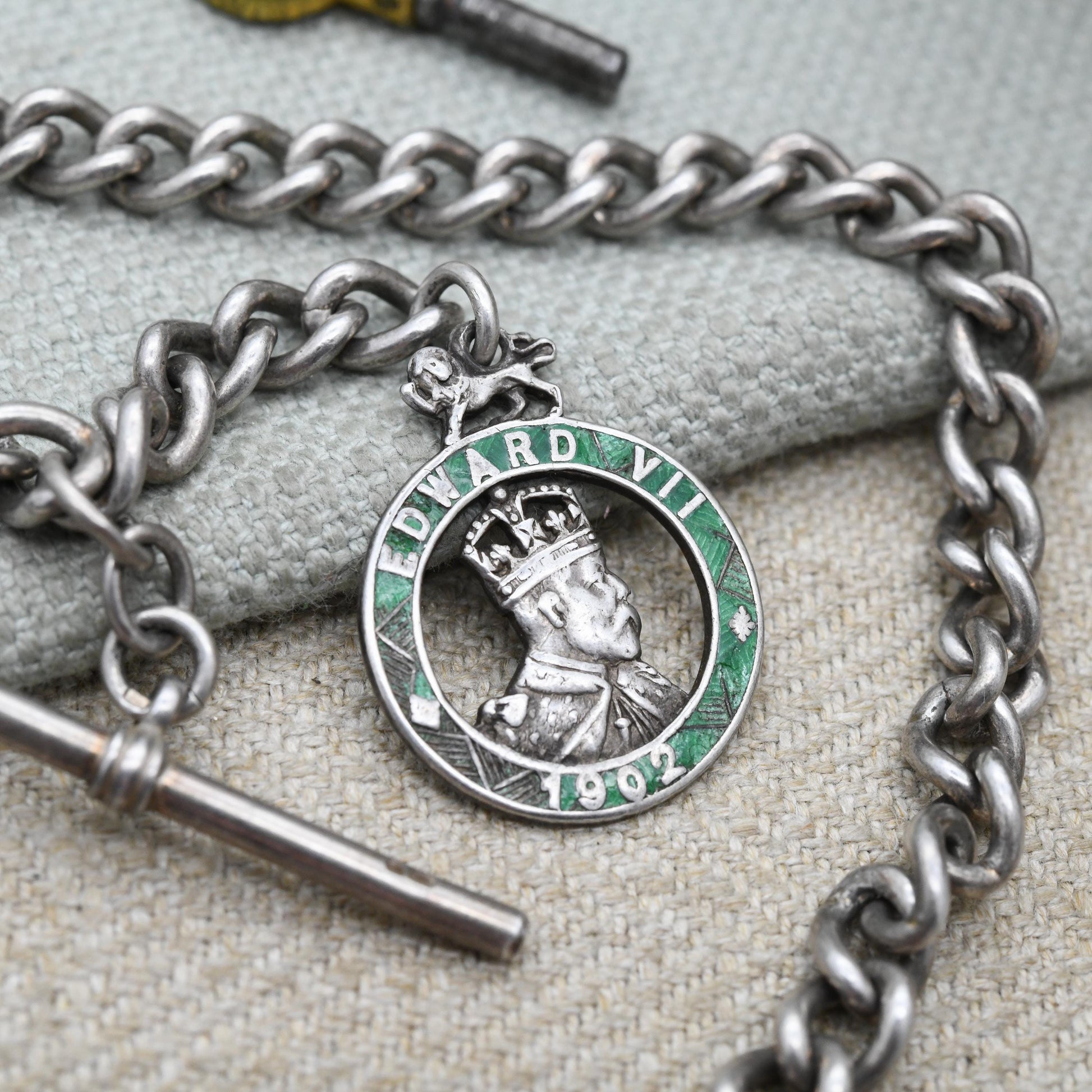 Antique Sterling Silver Albert Chain with Edward VII Coronation Medal by Charles Horner and Vintage T Bar & Dog Clip
