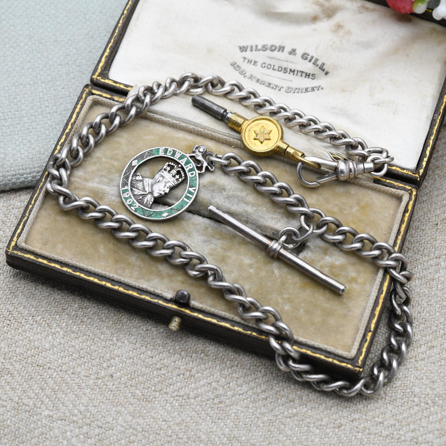 Antique Sterling Silver Albert Chain with Edward VII Coronation Medal by Charles Horner and Vintage T Bar & Dog Clip