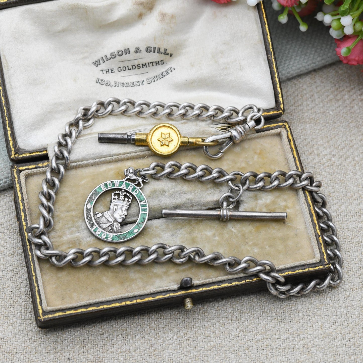 Antique Sterling Silver Albert Chain with Edward VII Coronation Medal by Charles Horner and Vintage T Bar & Dog Clip