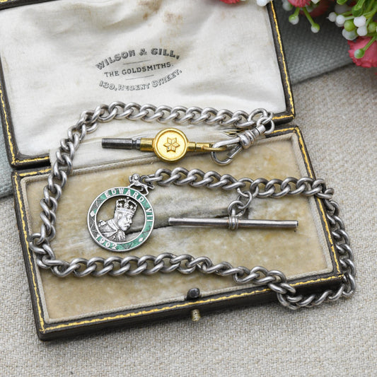 Antique Sterling Silver Albert Chain with Edward VII Coronation Medal by Charles Horner and Vintage T Bar & Dog Clip