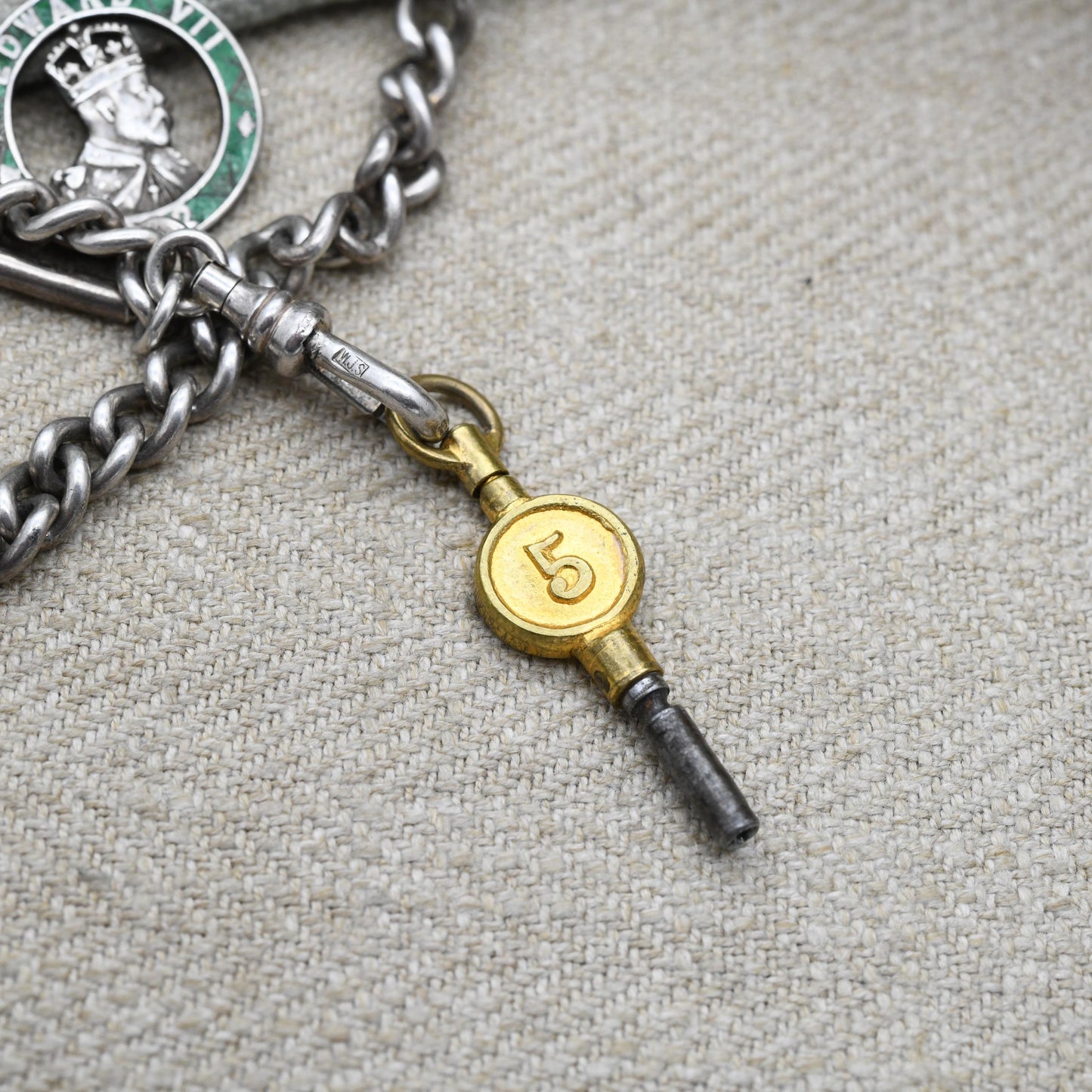 Antique Sterling Silver Albert Chain with Edward VII Coronation Medal by Charles Horner and Vintage T Bar & Dog Clip