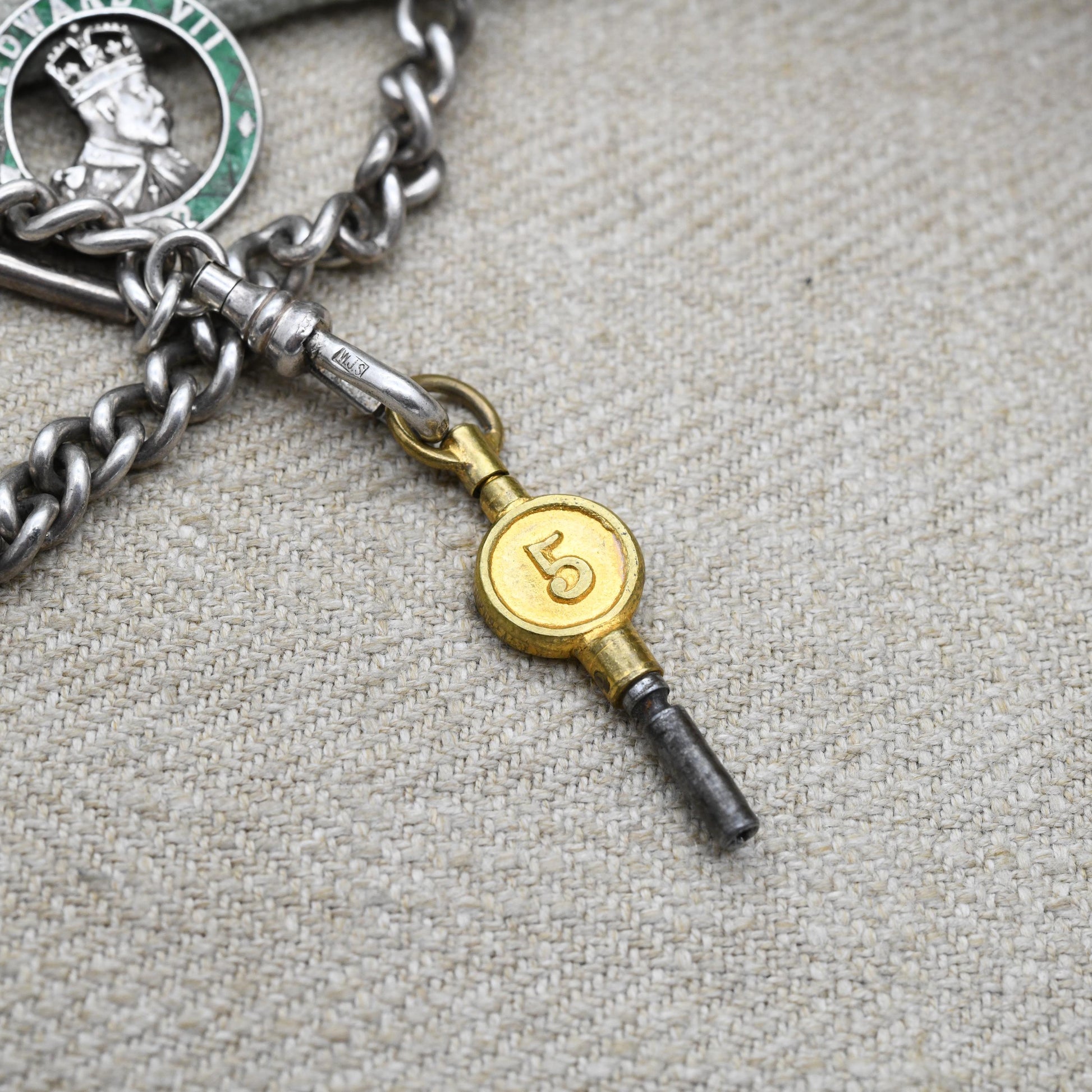 Antique Sterling Silver Albert Chain with Edward VII Coronation Medal by Charles Horner and Vintage T Bar & Dog Clip