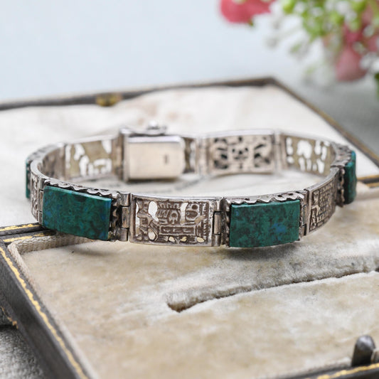 Vintage Peruvian Sterling Silver Gemstone Panel Bracelet with Engraved Scenes