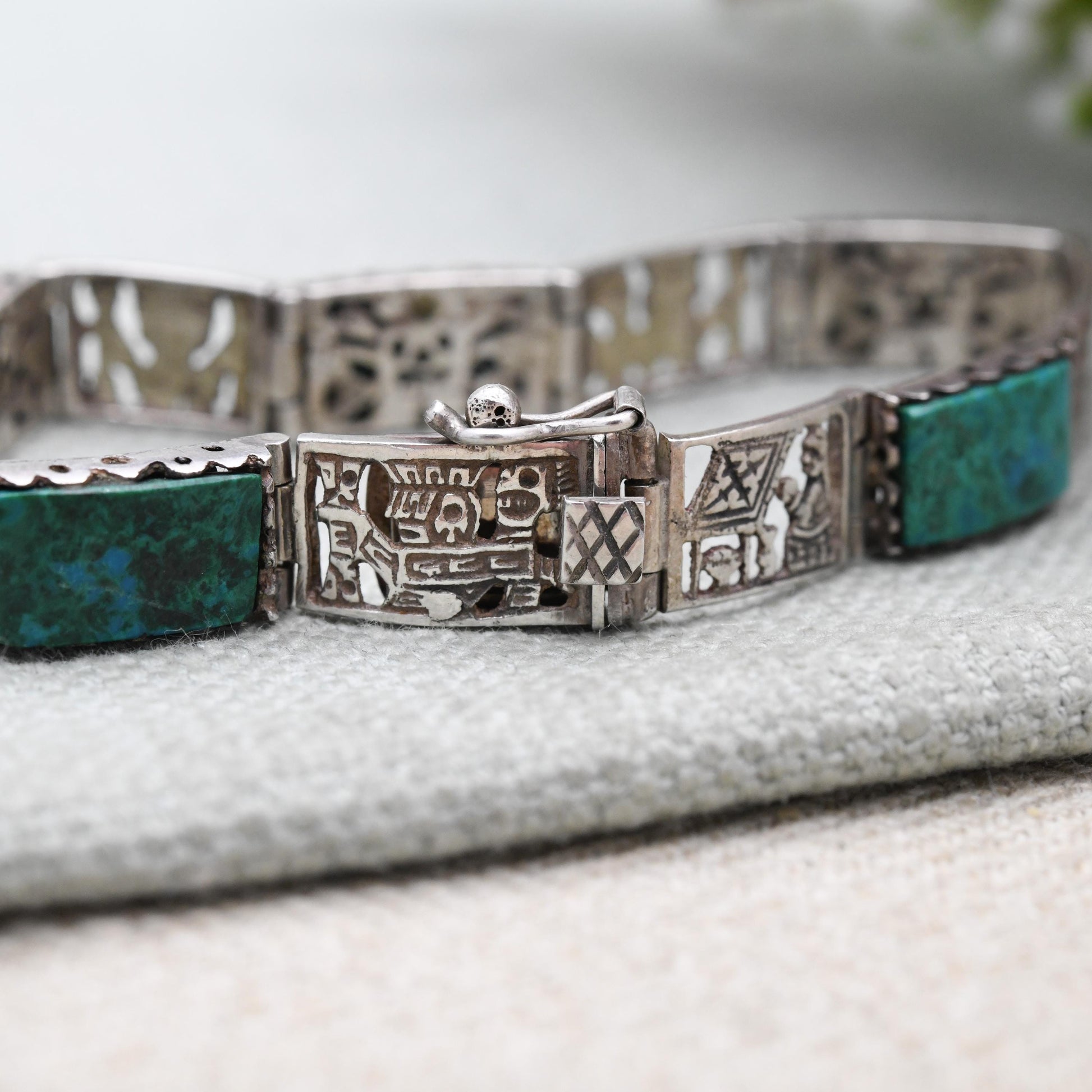 Vintage Peruvian Sterling Silver Gemstone Panel Bracelet with Engraved Scenes