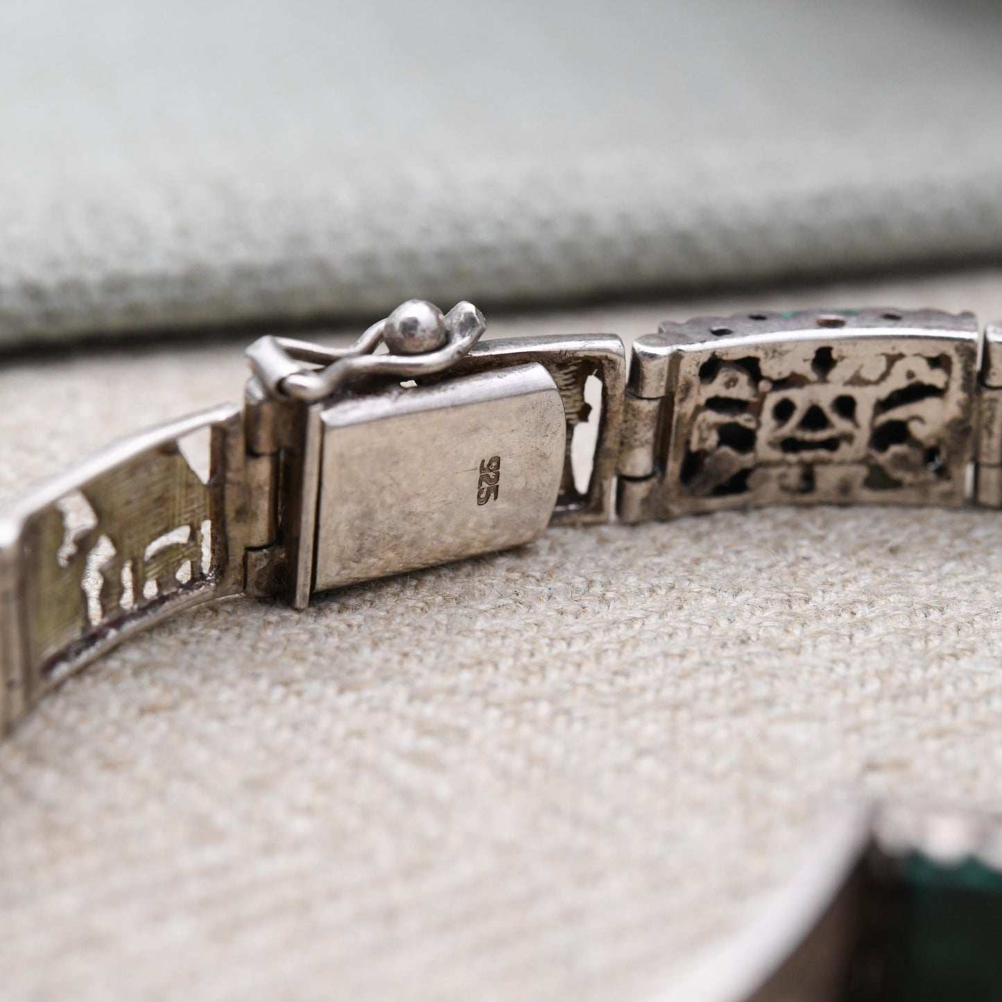 Vintage Peruvian Sterling Silver Gemstone Panel Bracelet with Engraved Scenes