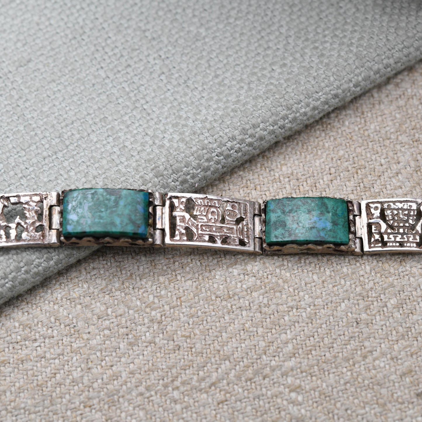 Vintage Peruvian Sterling Silver Gemstone Panel Bracelet with Engraved Scenes