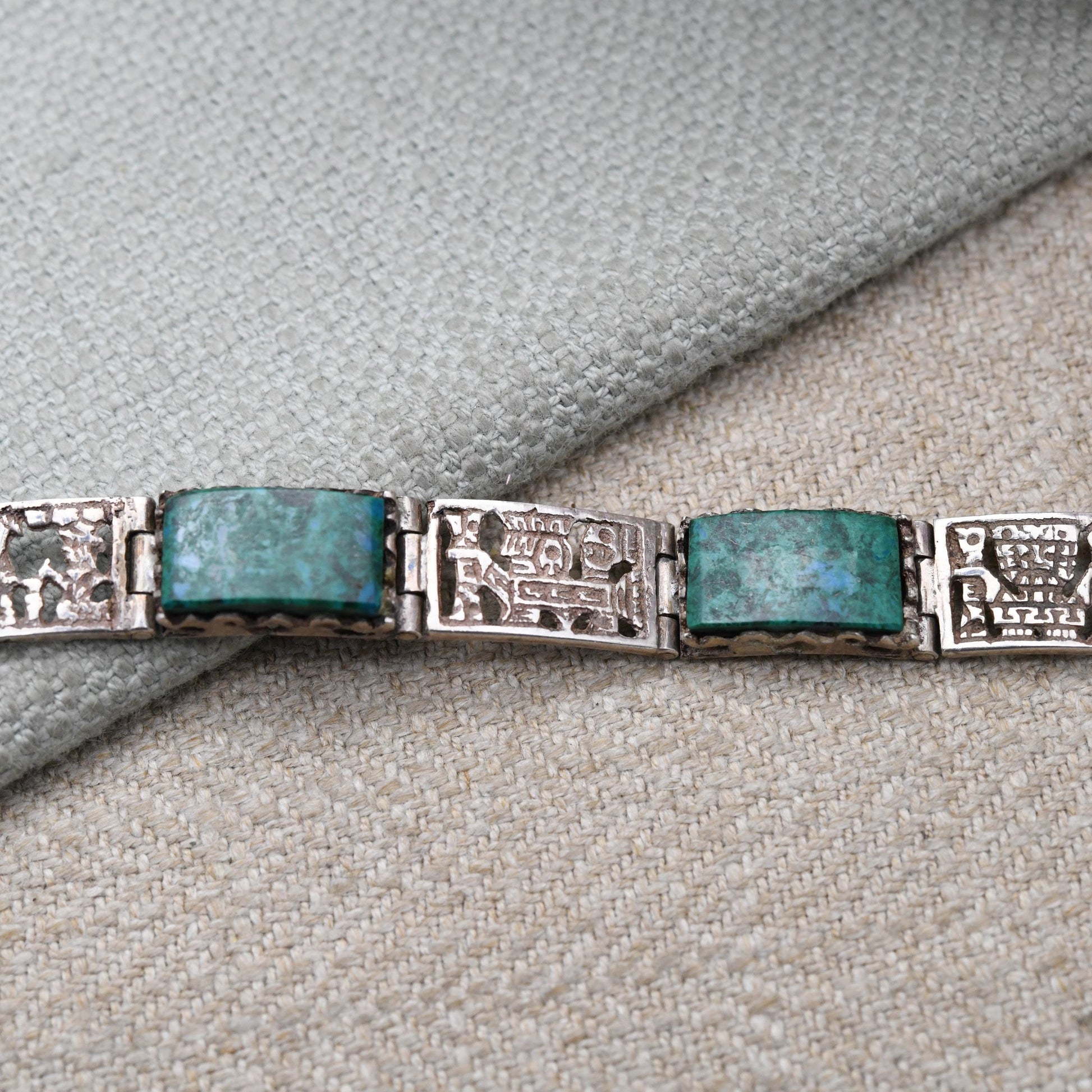 Vintage Peruvian Sterling Silver Gemstone Panel Bracelet with Engraved Scenes