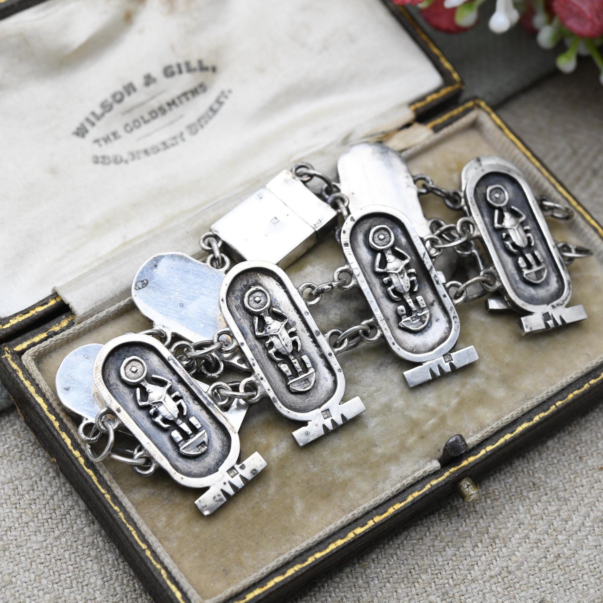 Vintage Egyptian 800 Silver Panel Bracelet - Souvenir Scarab Beetle | Box Clasp and Safety Chain
