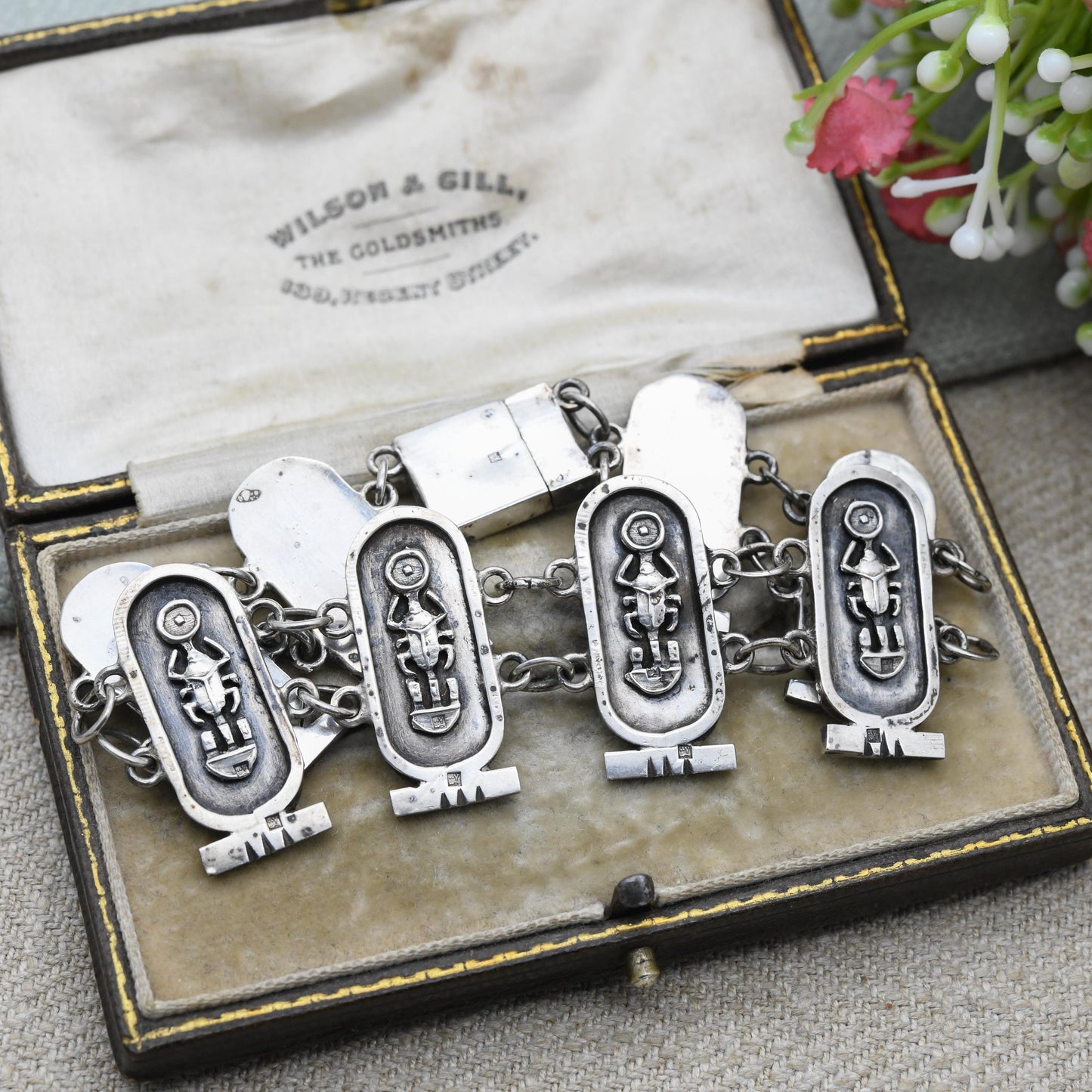 Vintage Egyptian 800 Silver Panel Bracelet - Souvenir Scarab Beetle | Box Clasp and Safety Chain