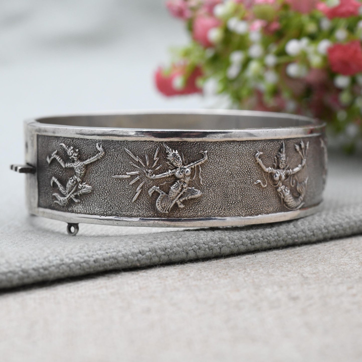 Vintage Sterling Silver & Enamel Siam Bangle Bracelet - Gorgeous Niello Enamel | Thailand | Mid-Century | Gift for Her