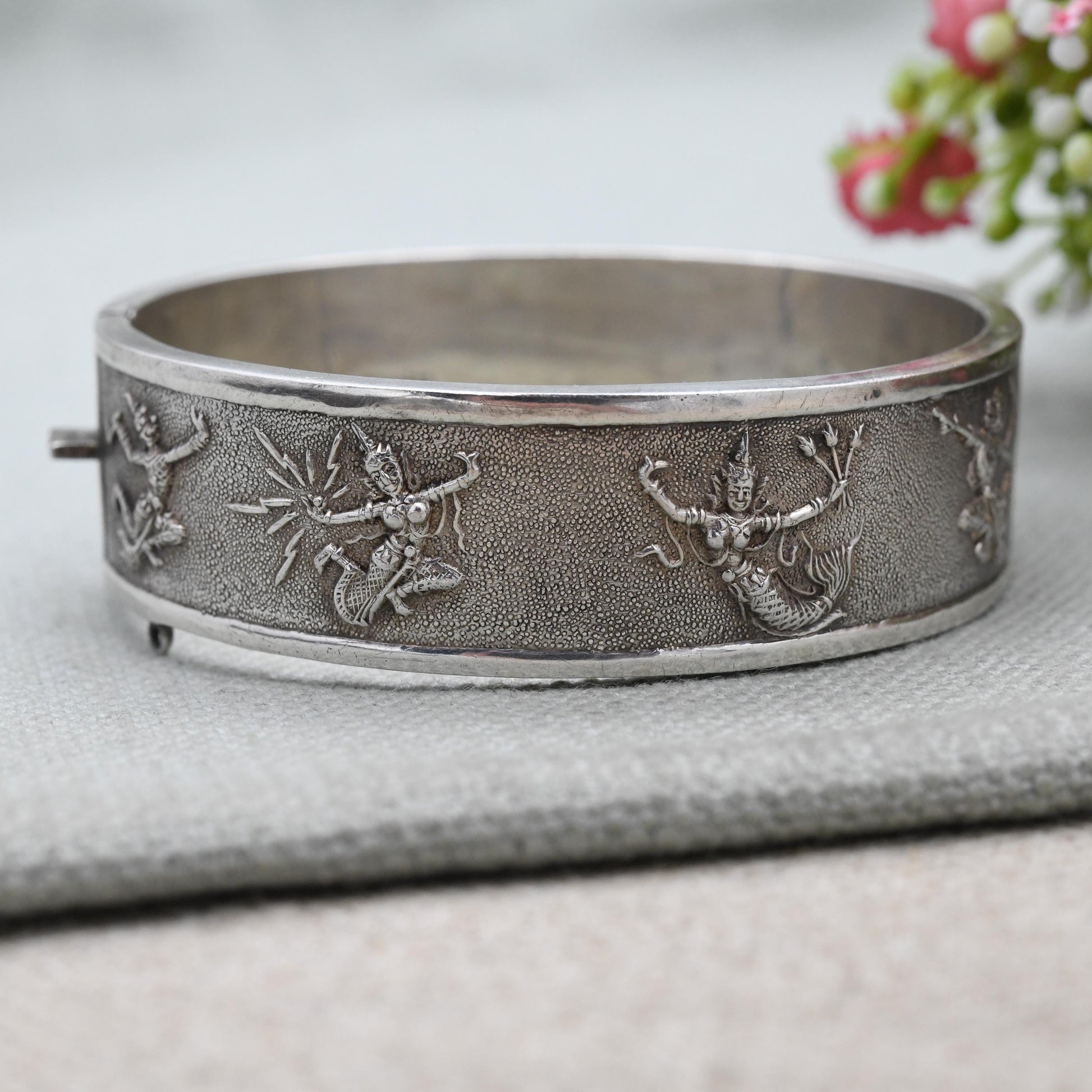 Vintage Sterling Silver & Enamel Siam Bangle Bracelet - Gorgeous Niello Enamel | Thailand | Mid-Century | Gift for Her