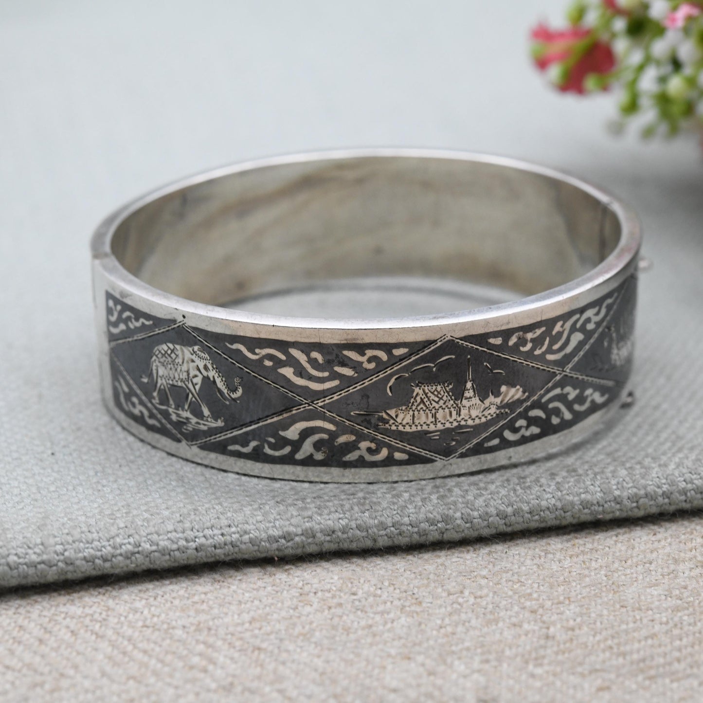 Vintage Sterling Silver & Enamel Siam Bangle Bracelet - Gorgeous Niello Enamel | Thailand | Mid-Century | Gift for Her