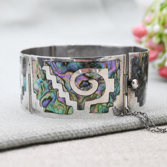 Vintage Mexican Sterling Silver Bangle Panel Bracelet with Abalone Shell Inlay