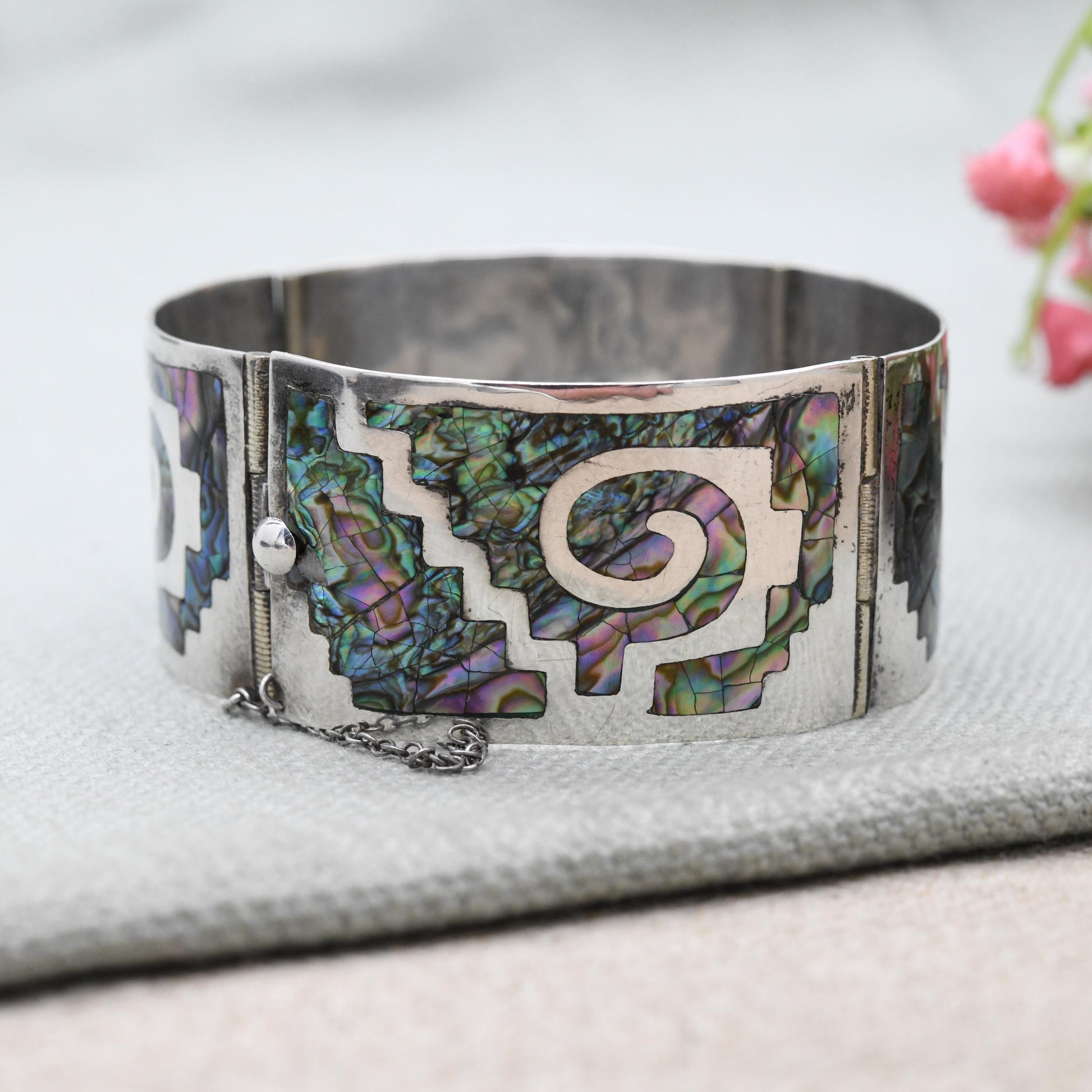Vintage Mexican Sterling Silver Bangle Panel Bracelet with Abalone Shell Inlay