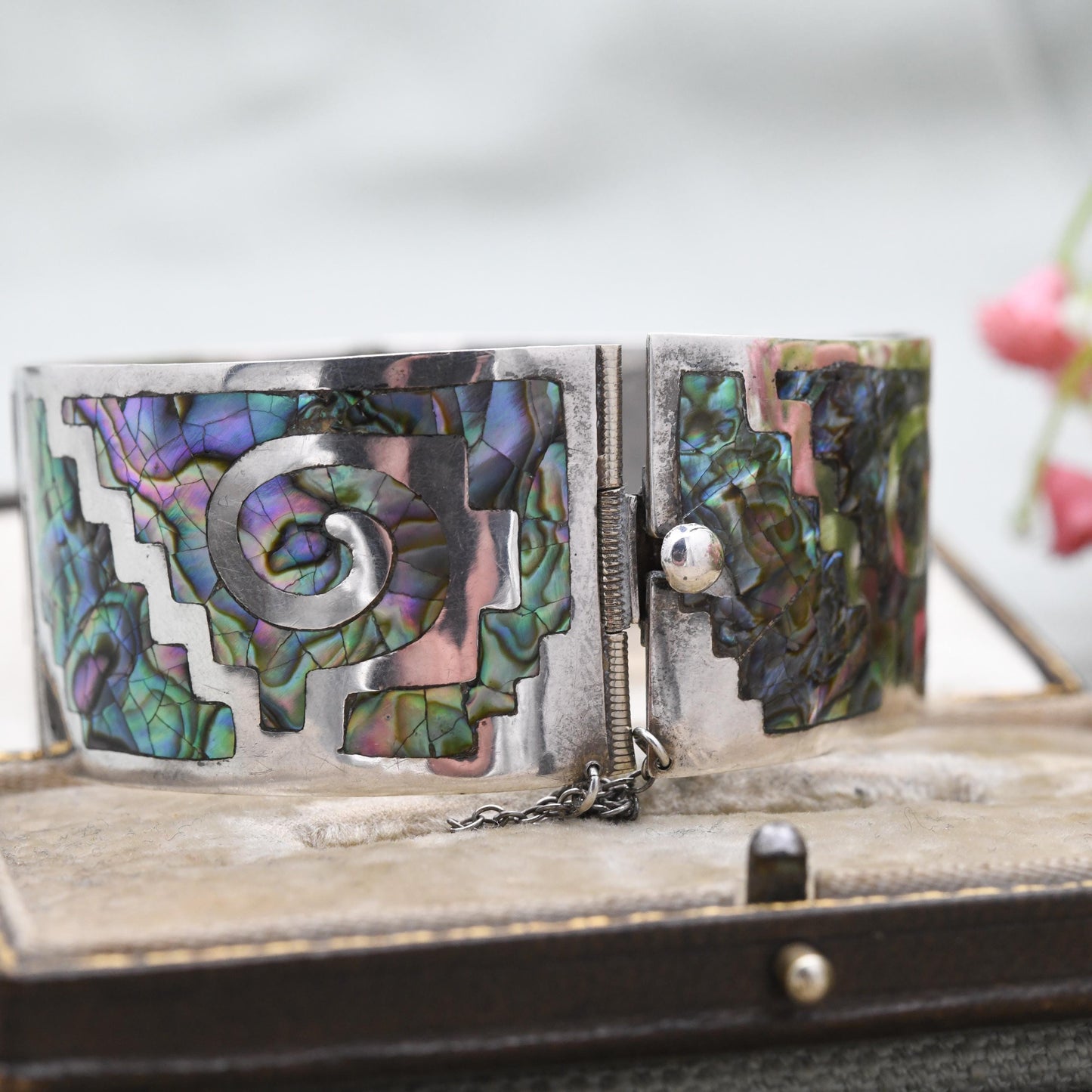Vintage Mexican Sterling Silver Bangle Panel Bracelet with Abalone Shell Inlay