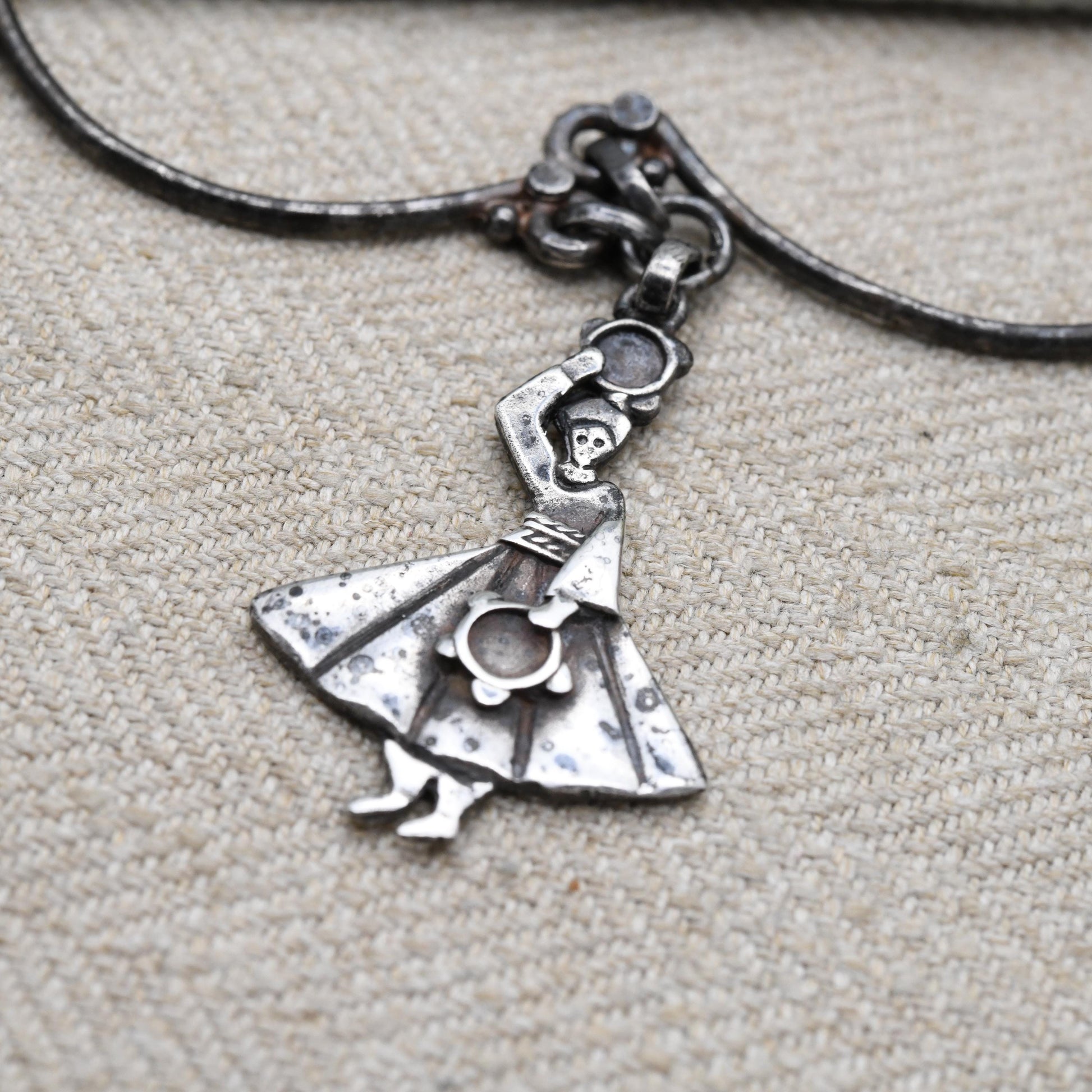 Vintage Azza Fahmy Sterling Silver Necklace with People Figures c. 1980s Egyptian Jewellery Designer - Tambourine Dancer and Market Traders