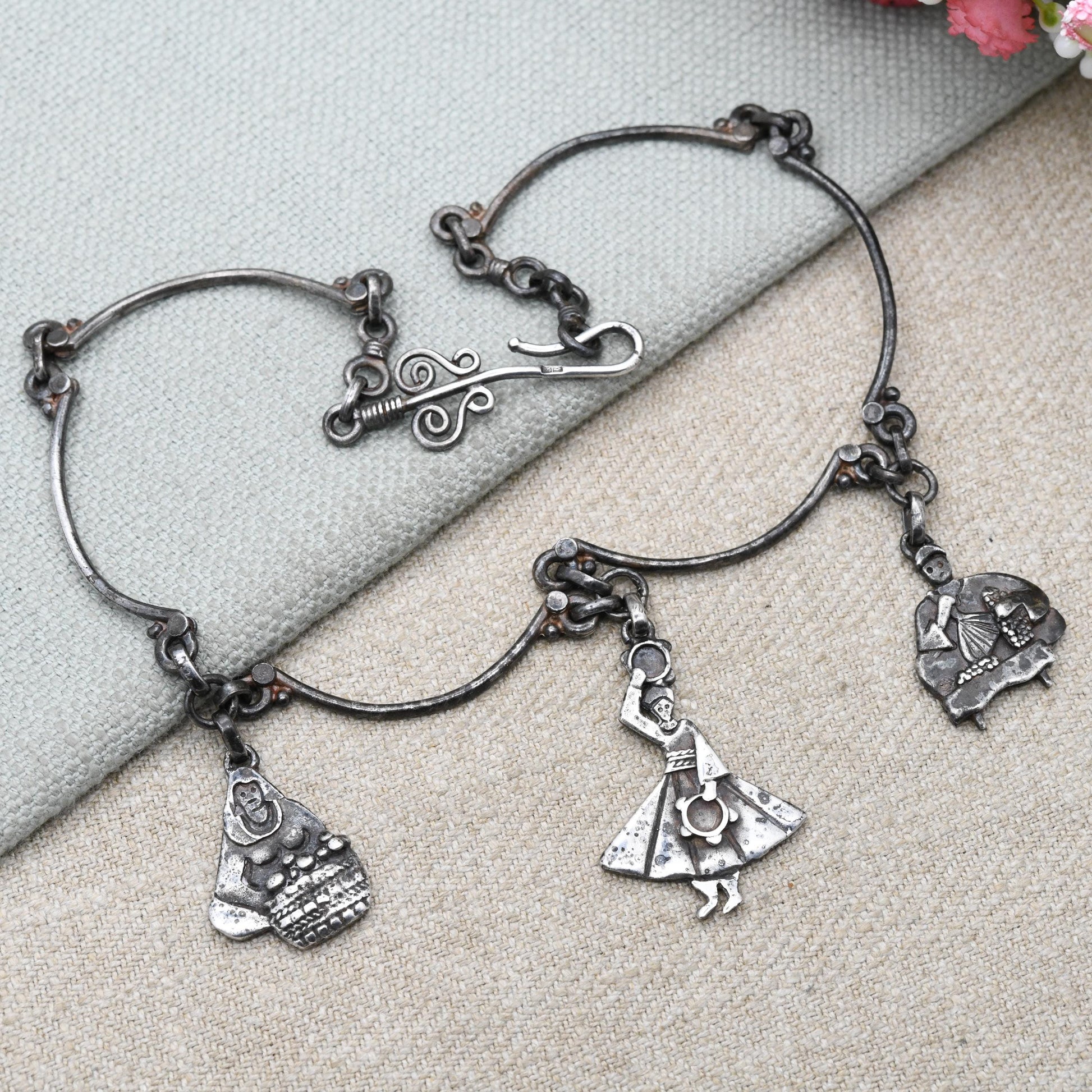 Vintage Azza Fahmy Sterling Silver Necklace with People Figures c. 1980s Egyptian Jewellery Designer - Tambourine Dancer and Market Traders