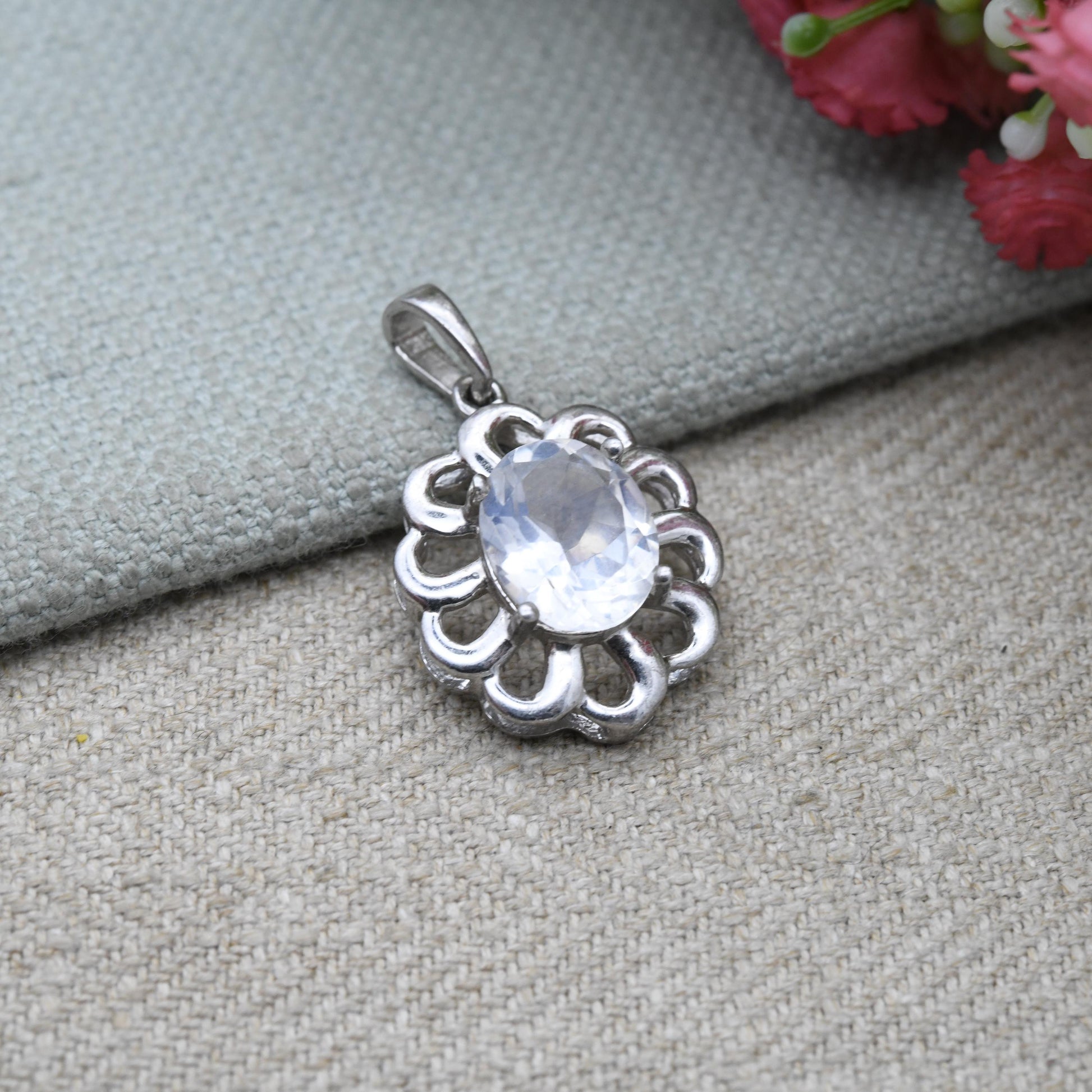 Vintage Sterling Silver and Clear Stone Charm Pendant TGGC - Floral Openwork and Large Faceted White Stone | Gift for Pendant Charm Necklace