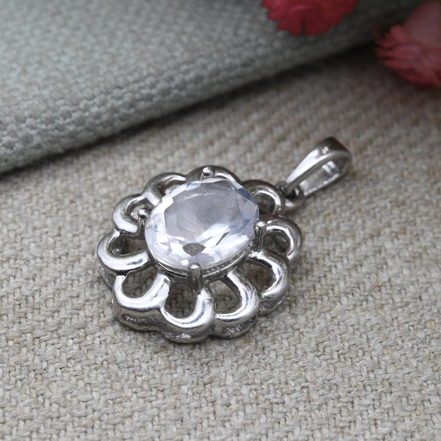Vintage Sterling Silver and Clear Stone Charm Pendant TGGC - Floral Openwork and Large Faceted White Stone | Gift for Pendant Charm Necklace