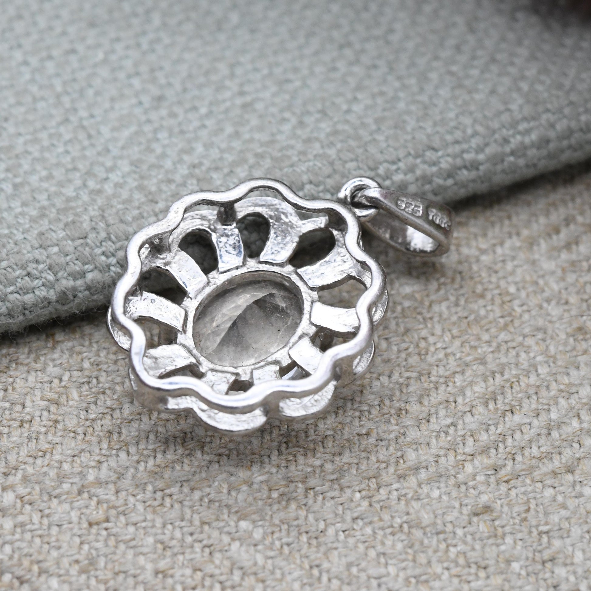 Vintage Sterling Silver and Clear Stone Charm Pendant TGGC - Floral Openwork and Large Faceted White Stone | Gift for Pendant Charm Necklace