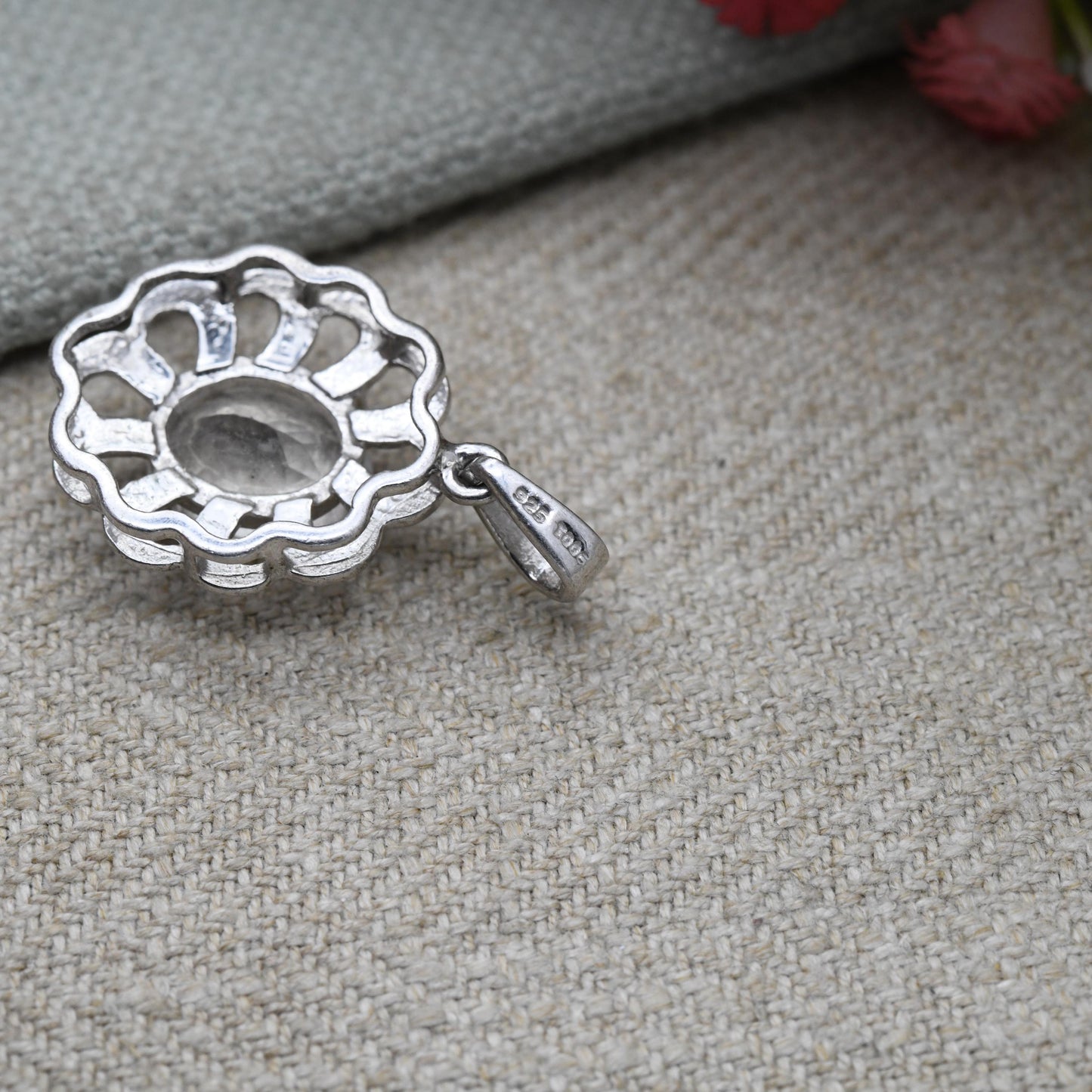 Vintage Sterling Silver and Clear Stone Charm Pendant TGGC - Floral Openwork and Large Faceted White Stone | Gift for Pendant Charm Necklace