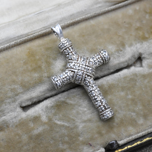 Vintage Sterling Silver and Clear Stone Cross Pendant - Shiny Gemstone Textured Religious Gift | Detailed Cross | Christian Necklace