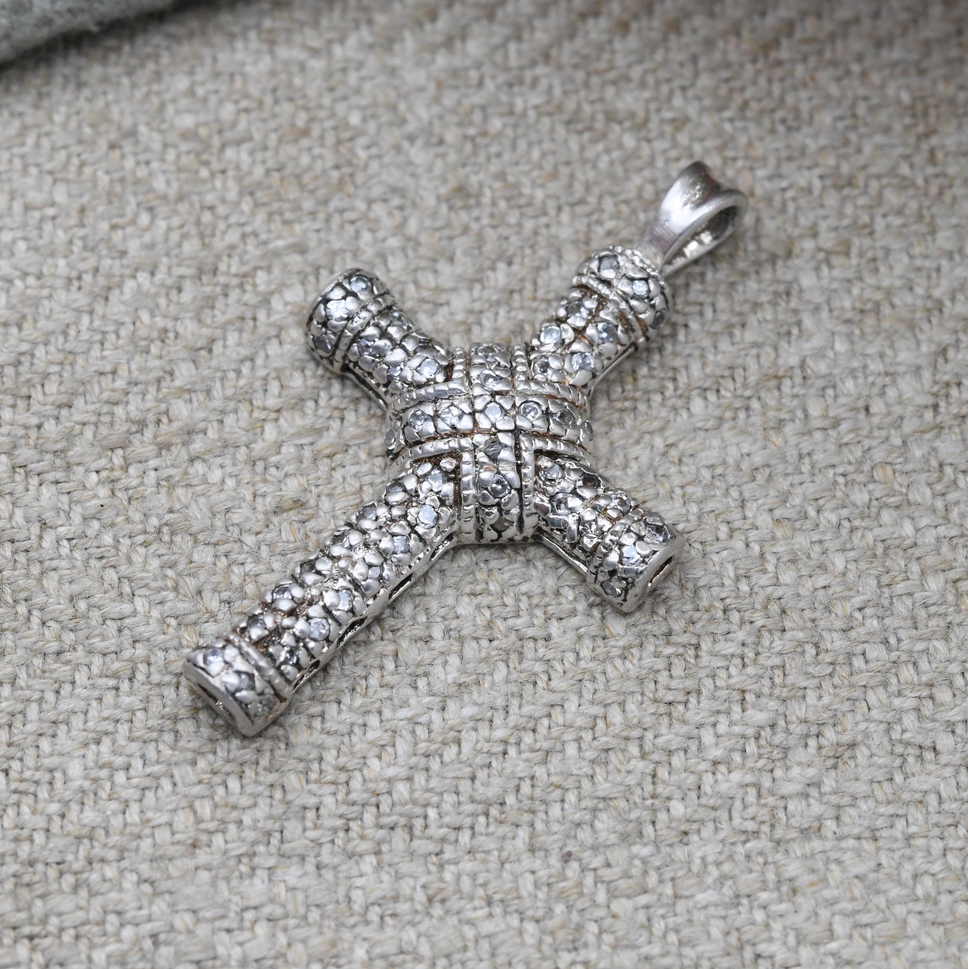 Vintage Sterling Silver and Clear Stone Cross Pendant - Shiny Gemstone Textured Religious Gift | Detailed Cross | Christian Necklace