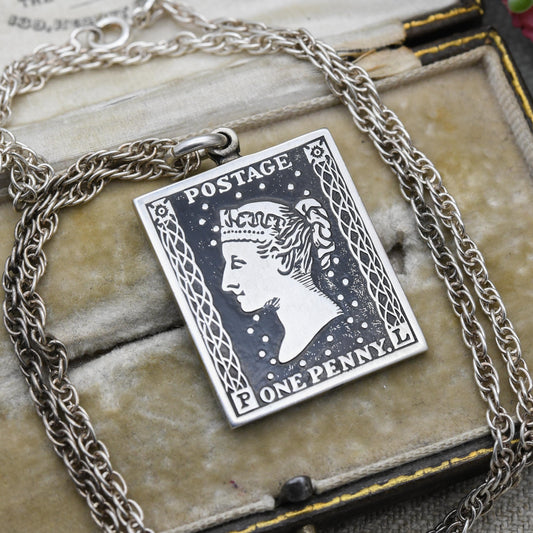 Vintage Sterling Silver One Penny Black Stamp Pendant 1978 - Italian Silver Triple Curb Link Chain Necklace