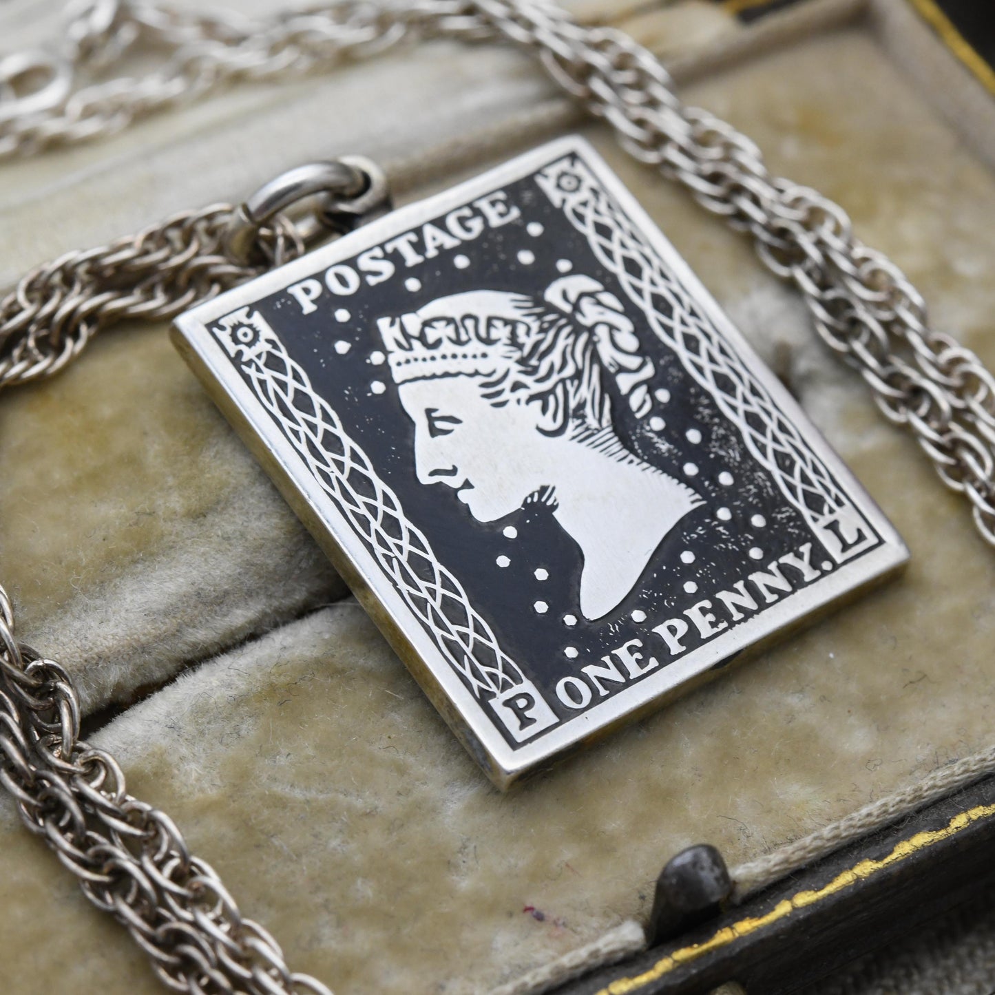 Vintage Sterling Silver One Penny Black Stamp Pendant 1978 - Italian Silver Triple Curb Link Chain Necklace