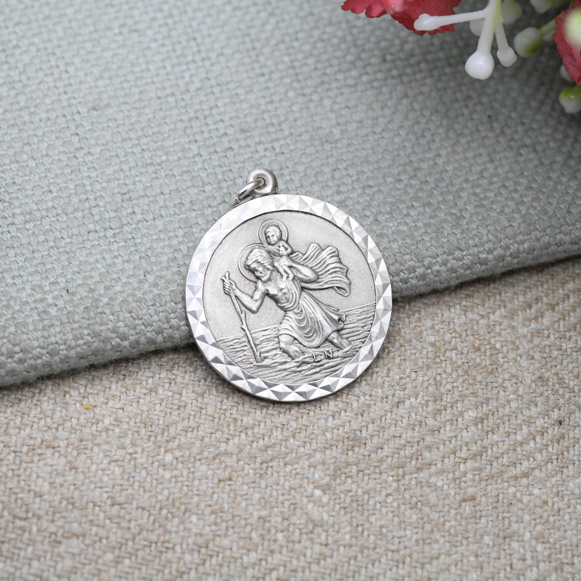 Vintage Sterling Silver St. Christopher Pendant Mid-Century - Small Circle Saint of Travelling | Christian Religious Detailed Jewellery Gift