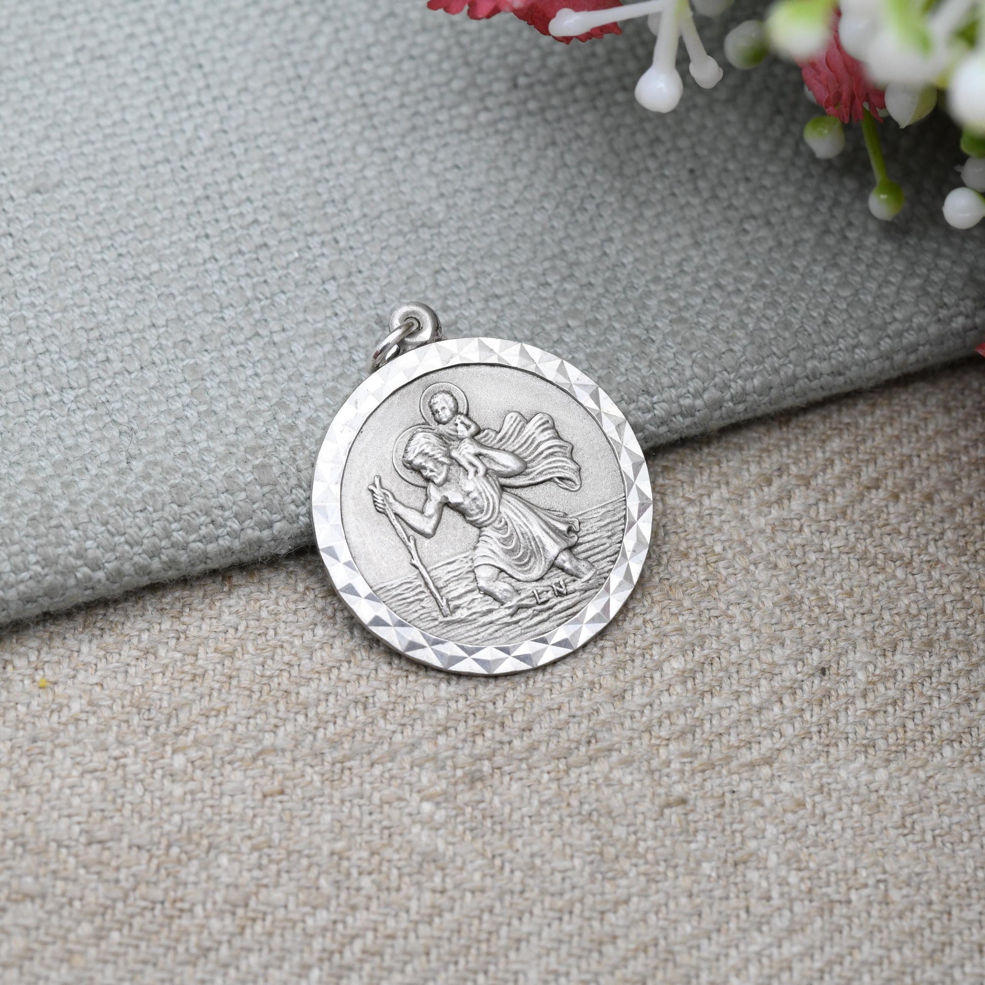 Vintage Sterling Silver St. Christopher Pendant Mid-Century - Small Circle Saint of Travelling | Christian Religious Detailed Jewellery Gift