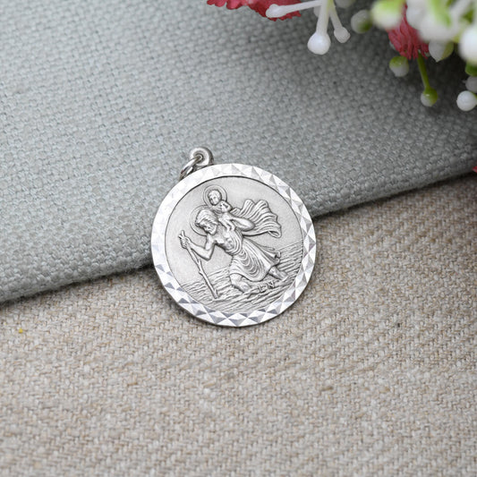 Vintage Sterling Silver St. Christopher Pendant Mid-Century - Small Circle Saint of Travelling | Christian Religious Detailed Jewellery Gift