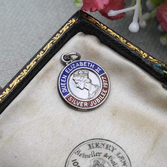 Vintage Sterling Silver Elizabeth II Charm Pendant Silver Jubilee 1977 - Mid-Century Royal Souvenir | Blue and Red Enamel | Queen Elizabeth