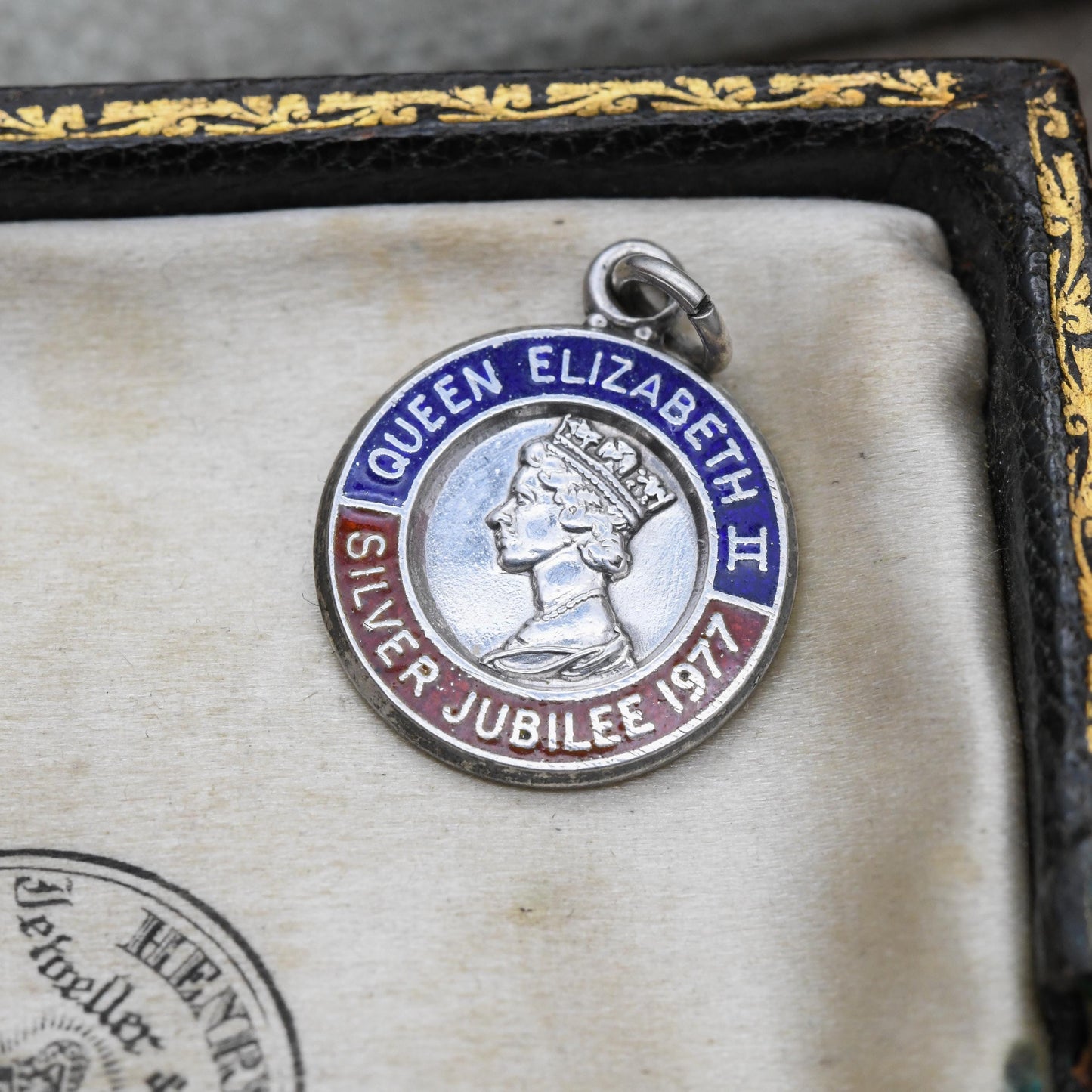 Vintage Sterling Silver Elizabeth II Charm Pendant Silver Jubilee 1977 - Mid-Century Royal Souvenir | Blue and Red Enamel | Queen Elizabeth