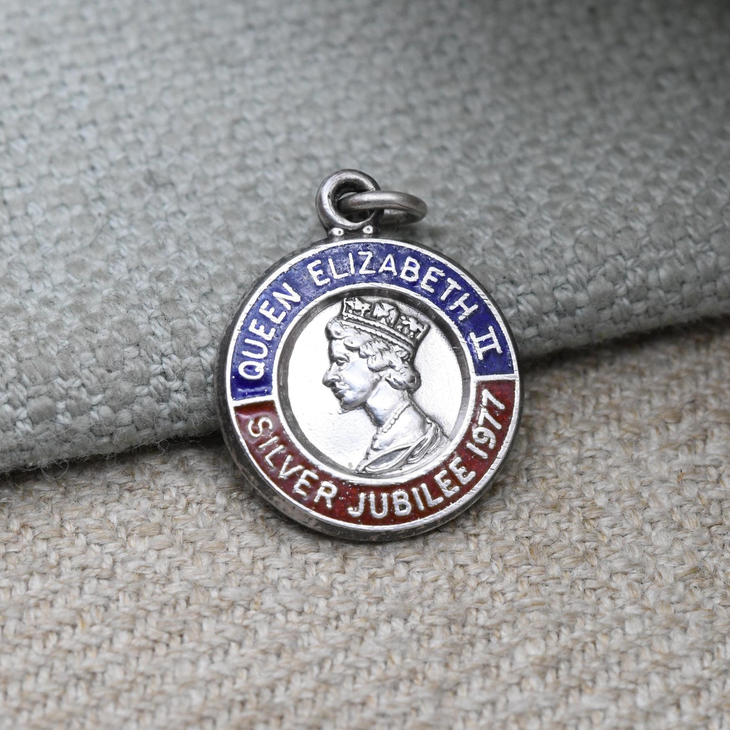 Vintage Sterling Silver Elizabeth II Charm Pendant Silver Jubilee 1977 - Mid-Century Royal Souvenir | Blue and Red Enamel | Queen Elizabeth