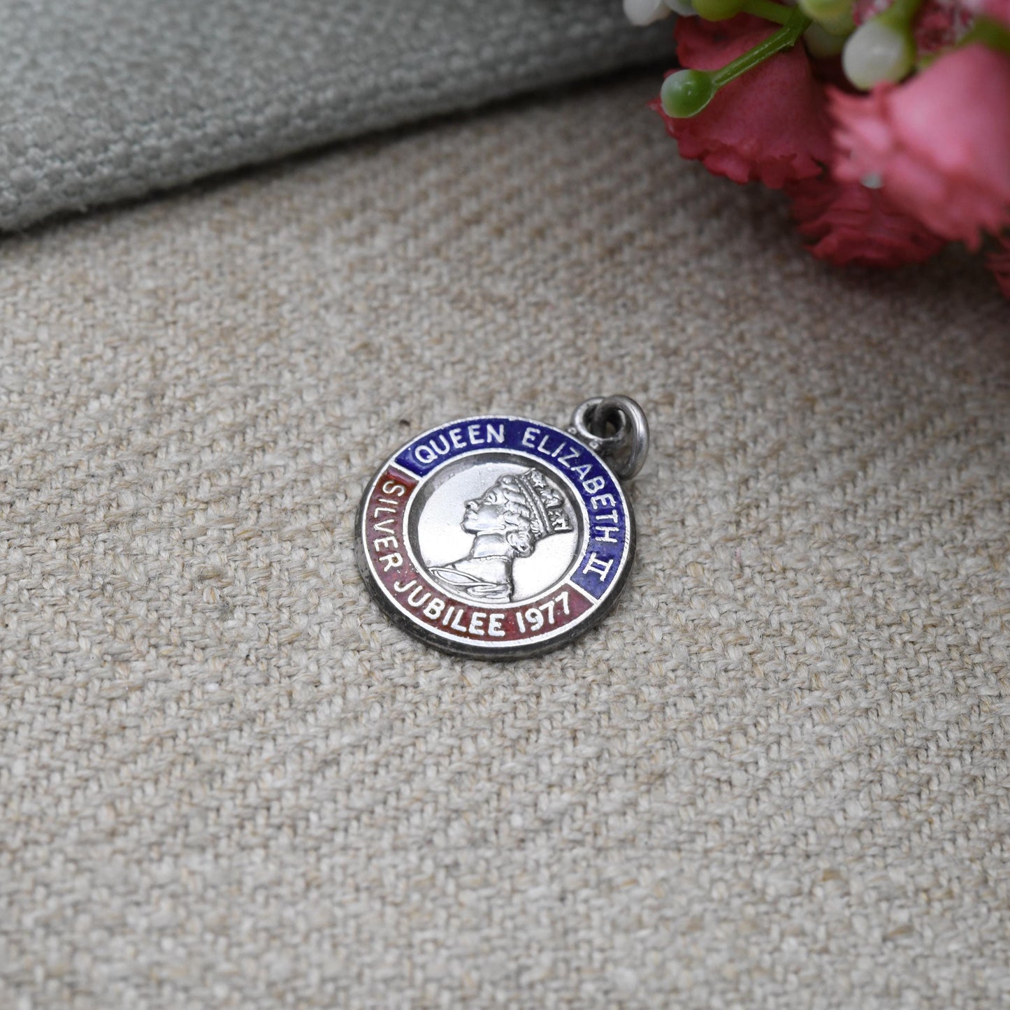 Vintage Sterling Silver Elizabeth II Charm Pendant Silver Jubilee 1977 - Mid-Century Royal Souvenir | Blue and Red Enamel | Queen Elizabeth
