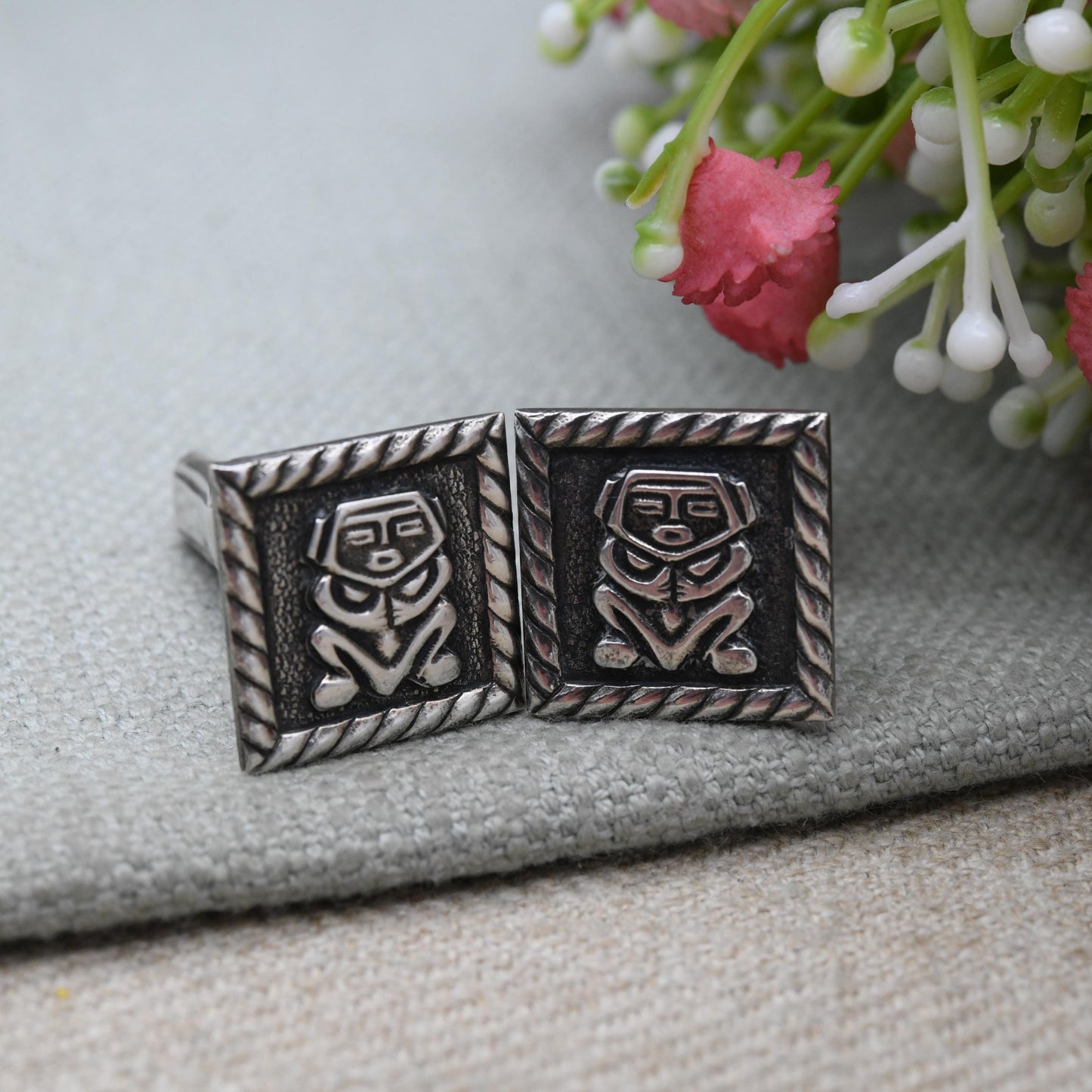 Vintage Mexican Silver Cufflinks - Aztec Textured Silver Figures | Raised Relied Central American Gift for Him | Bullet Back
