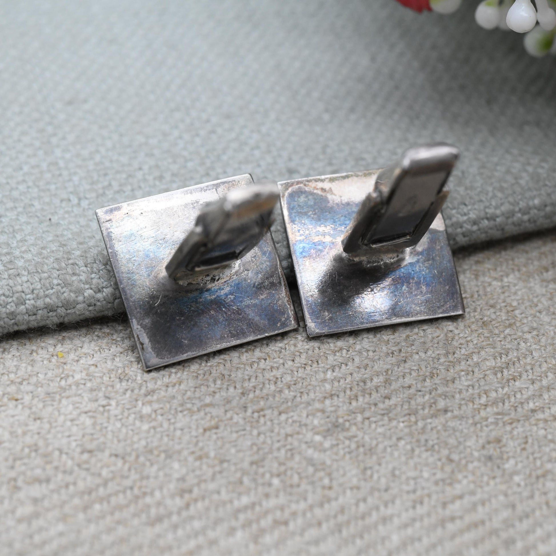 Vintage Mexican Silver Cufflinks - Aztec Textured Silver Figures | Raised Relied Central American Gift for Him | Bullet Back